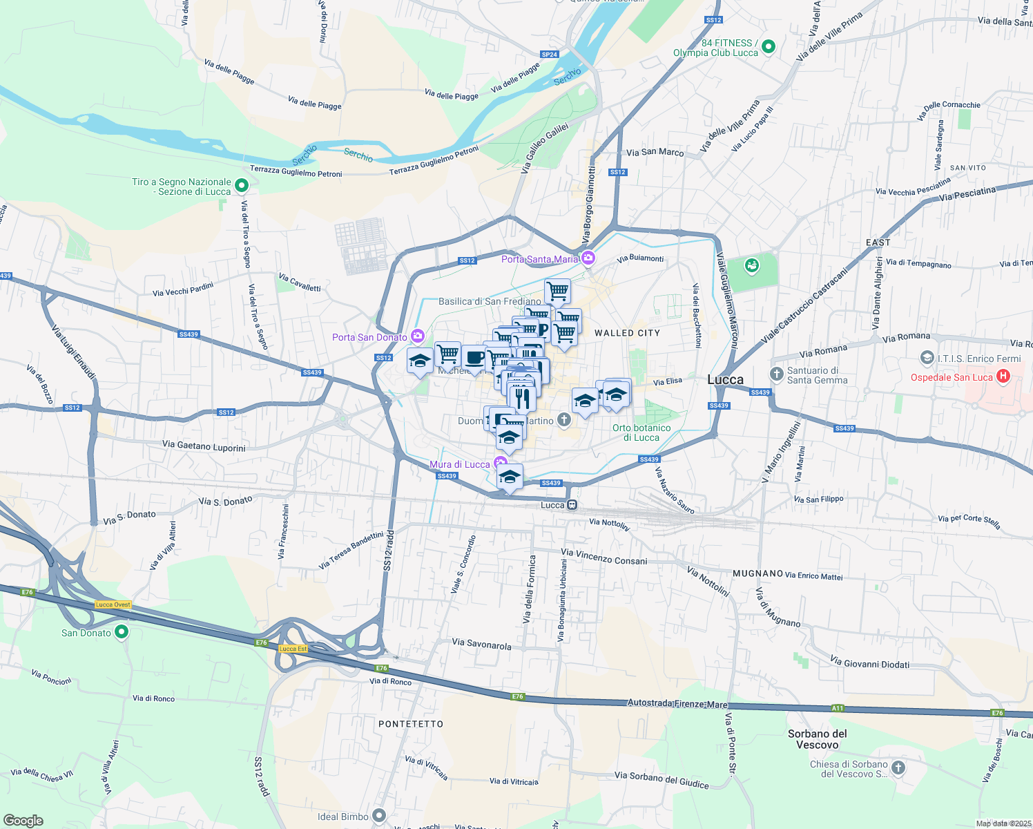 map of restaurants, bars, coffee shops, grocery stores, and more near 18 Via Roma in Lucca