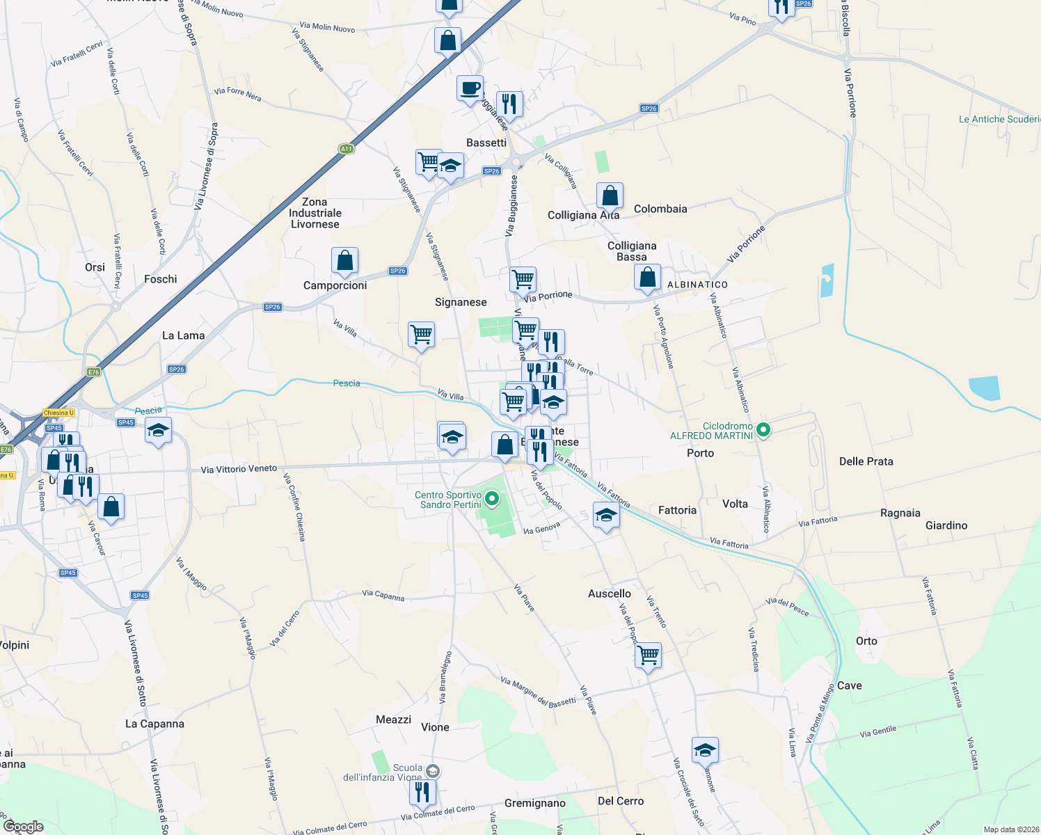 map of restaurants, bars, coffee shops, grocery stores, and more near 27 Via della Libertà in Ponte Buggianese