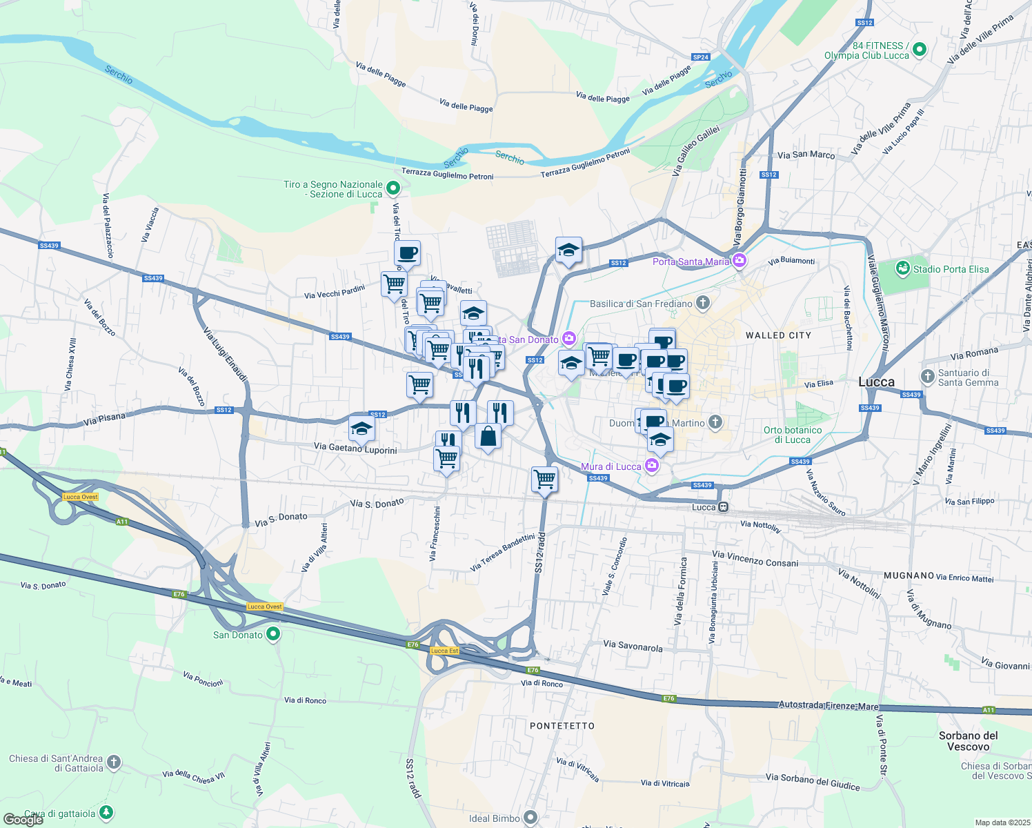 map of restaurants, bars, coffee shops, grocery stores, and more near 136 Via Gaetano Luporini in Lucca
