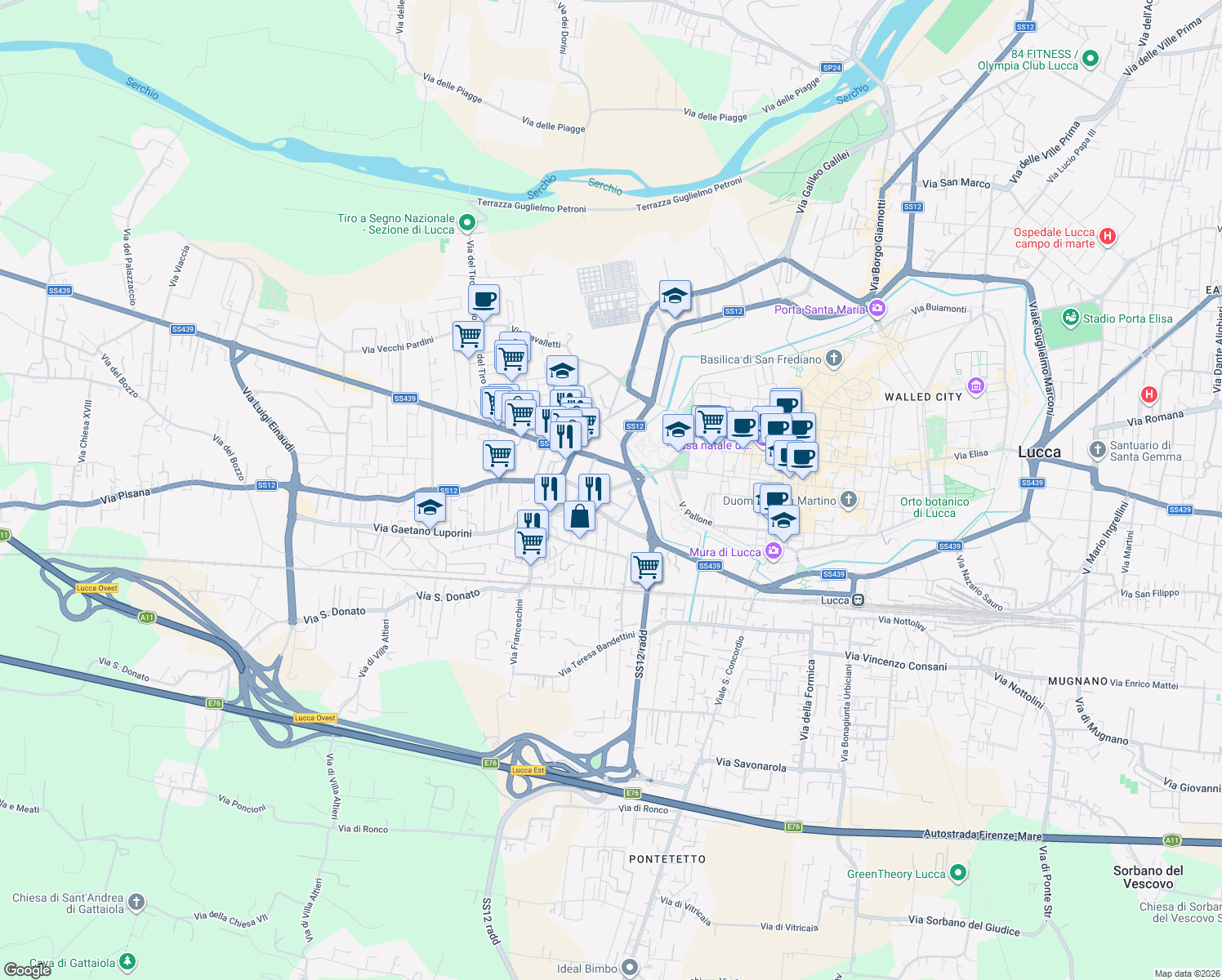 map of restaurants, bars, coffee shops, grocery stores, and more near 136 Via Gaetano Luporini in Lucca