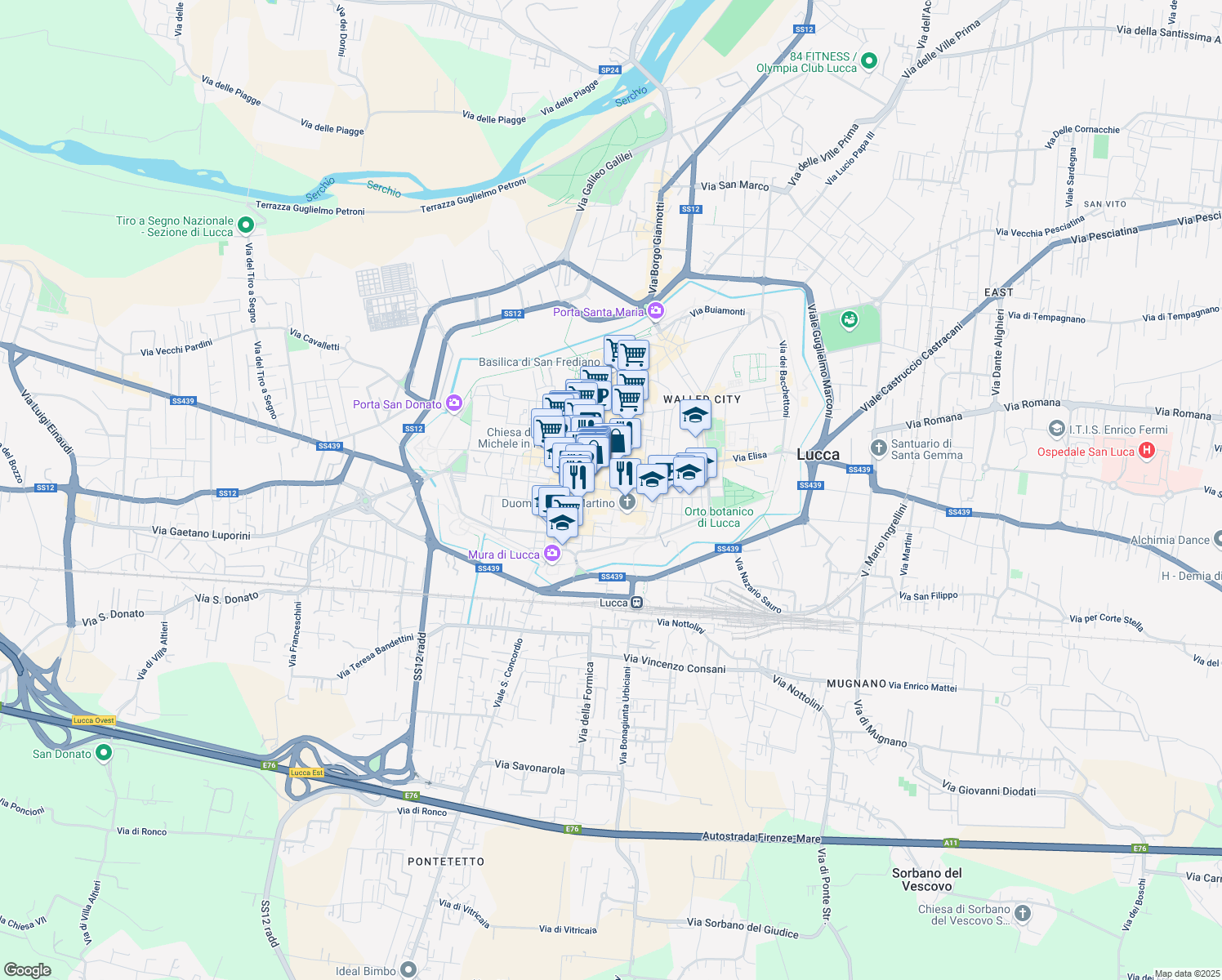 map of restaurants, bars, coffee shops, grocery stores, and more near 8 Piazza Bernardini in Lucca
