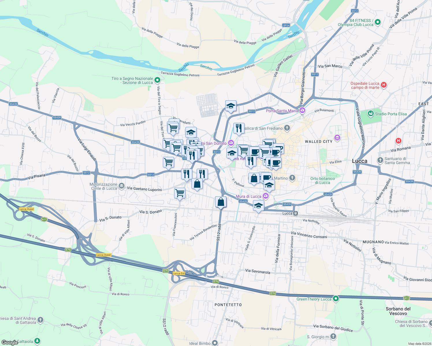 map of restaurants, bars, coffee shops, grocery stores, and more near 3 Viale Lazzaro Papi in Lucca
