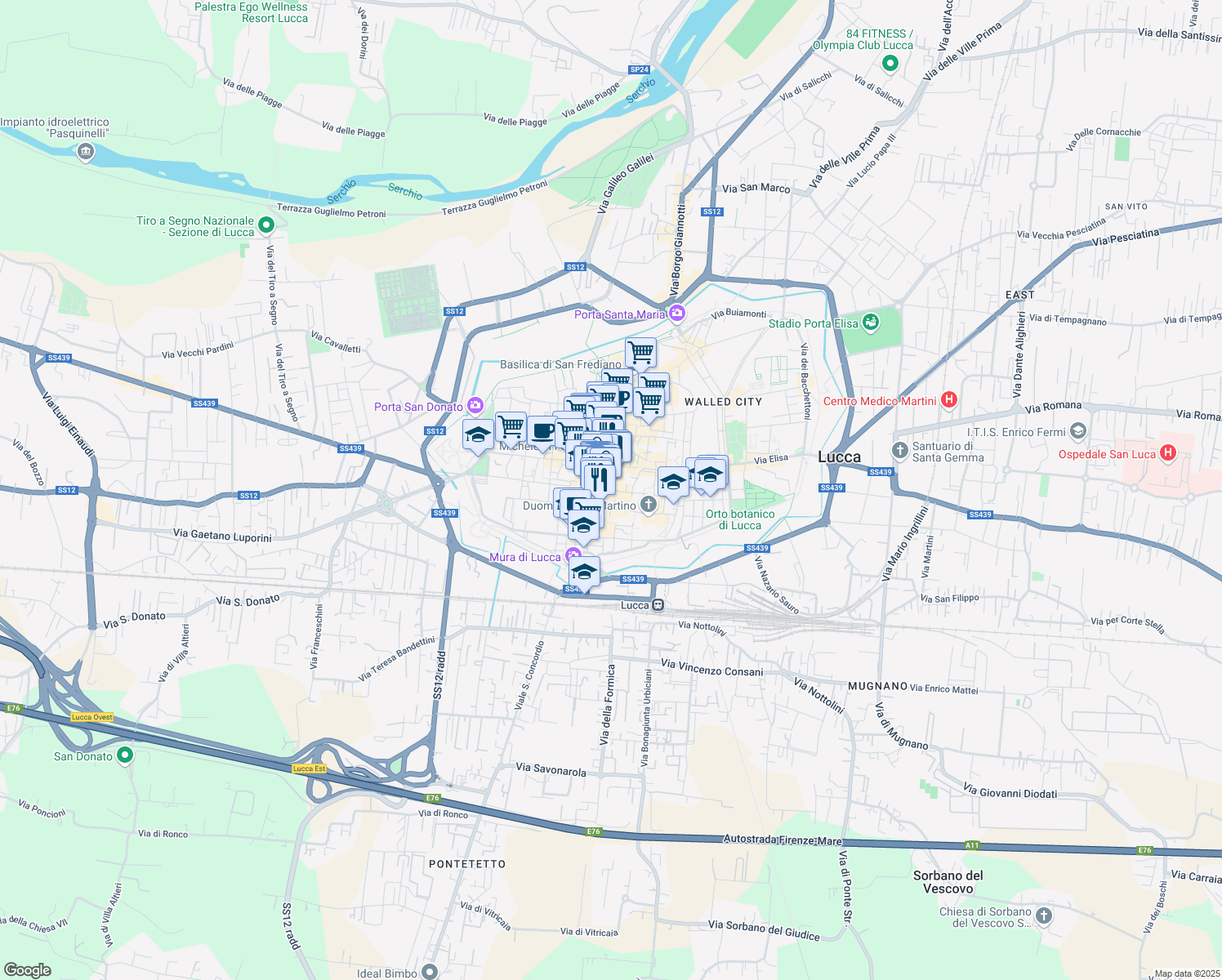 map of restaurants, bars, coffee shops, grocery stores, and more near 18 Via Roma in Lucca