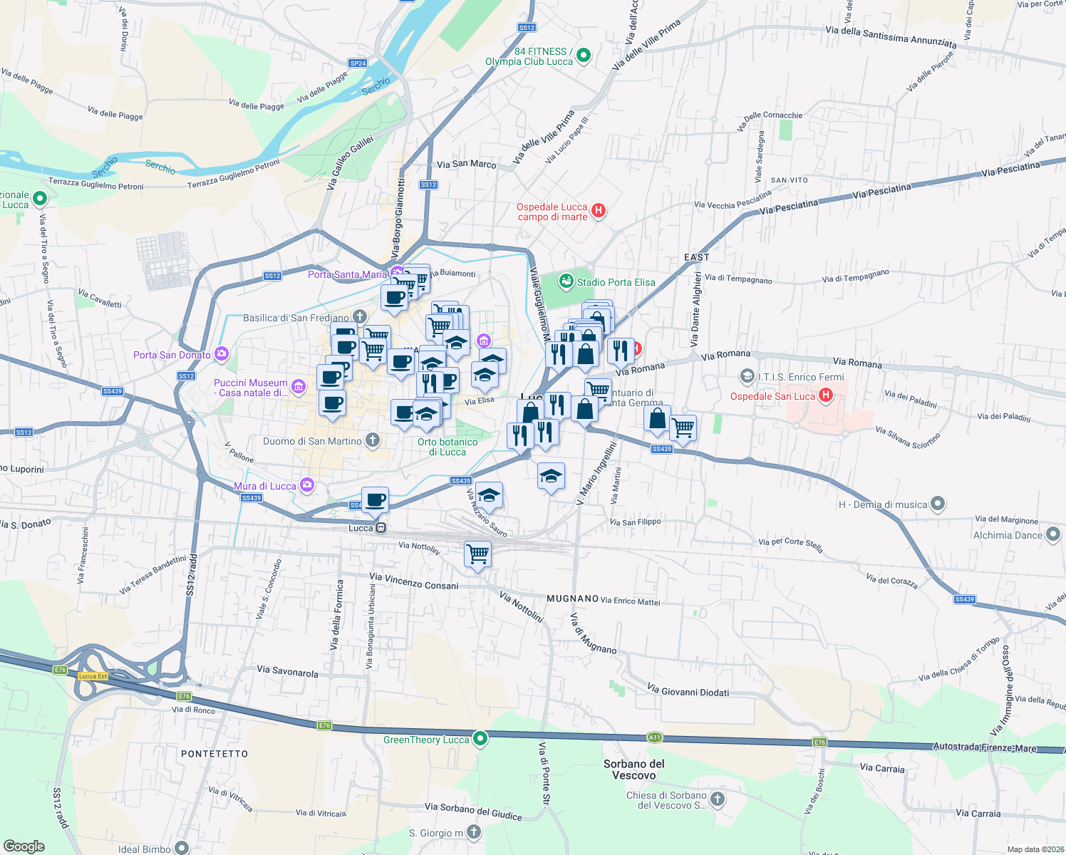 map of restaurants, bars, coffee shops, grocery stores, and more near 135 Viale Giovanni Pacini in Lucca