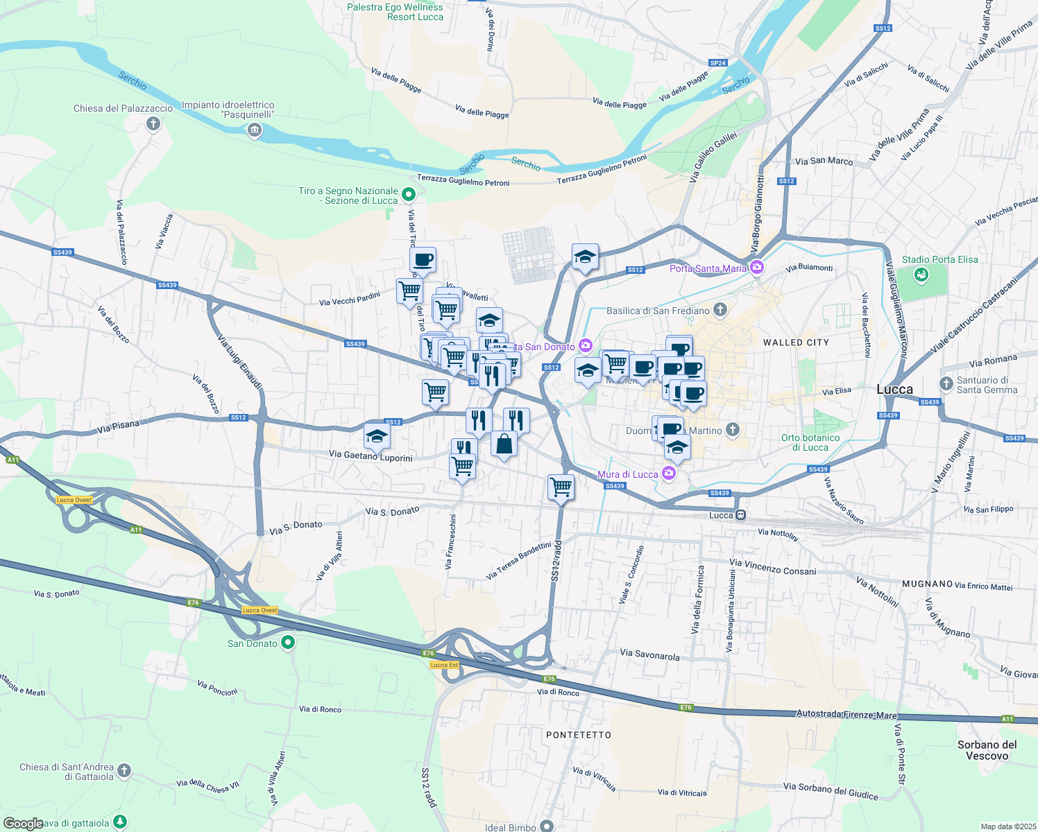 map of restaurants, bars, coffee shops, grocery stores, and more near 136 Via Gaetano Luporini in Lucca