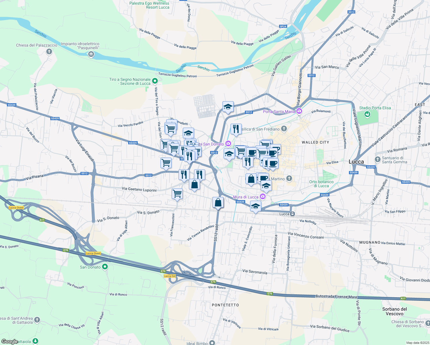 map of restaurants, bars, coffee shops, grocery stores, and more near 3 Viale Lazzaro Papi in Lucca