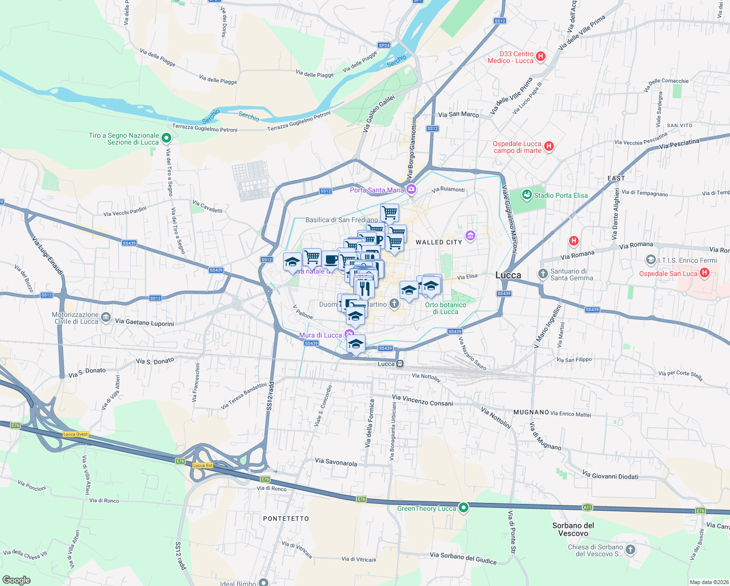 map of restaurants, bars, coffee shops, grocery stores, and more near 18 Via Roma in Lucca