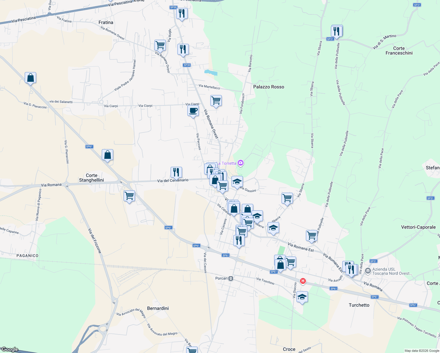 map of restaurants, bars, coffee shops, grocery stores, and more near in Porcari