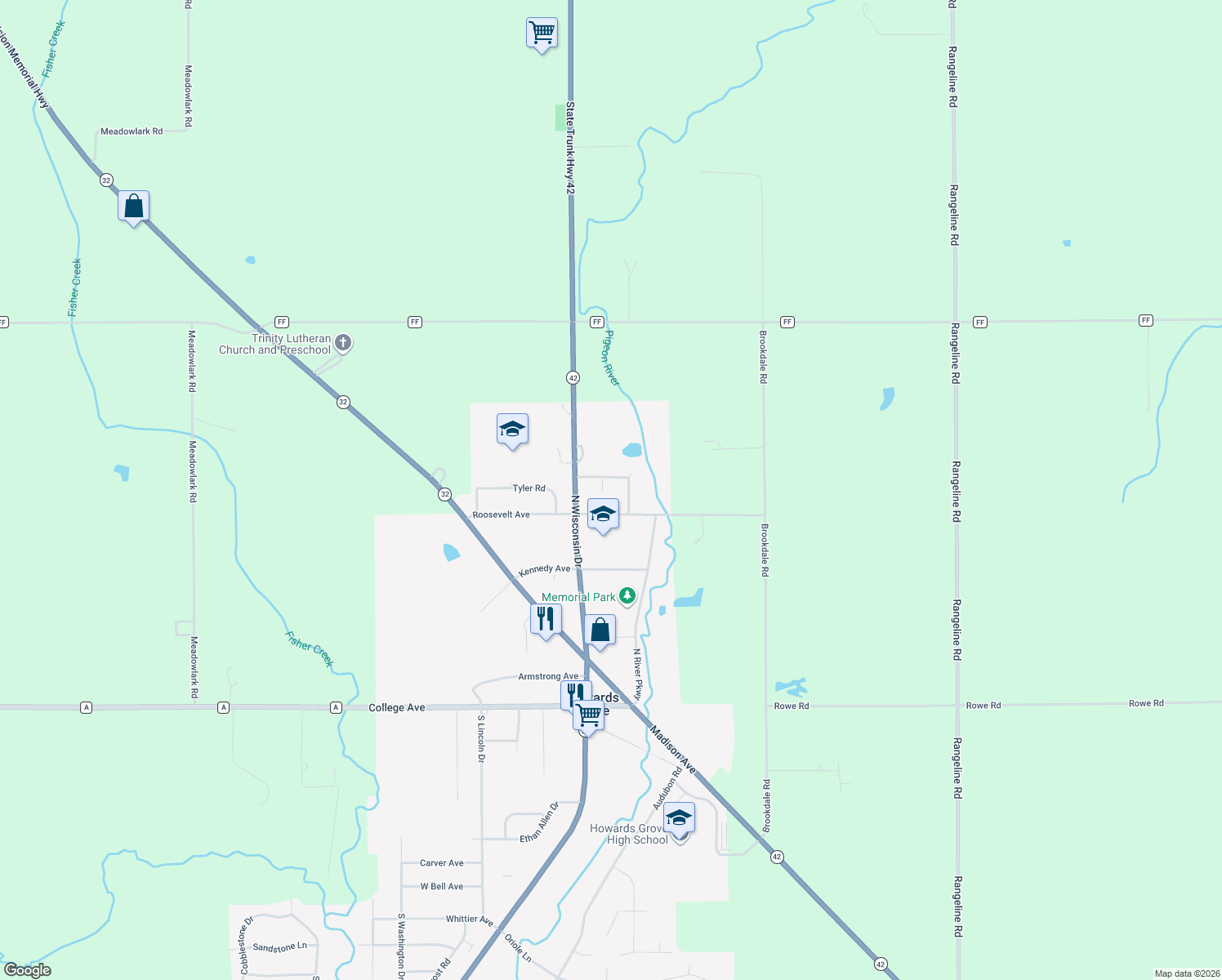 map of restaurants, bars, coffee shops, grocery stores, and more near 511 Van Buren Circle in Howards Grove