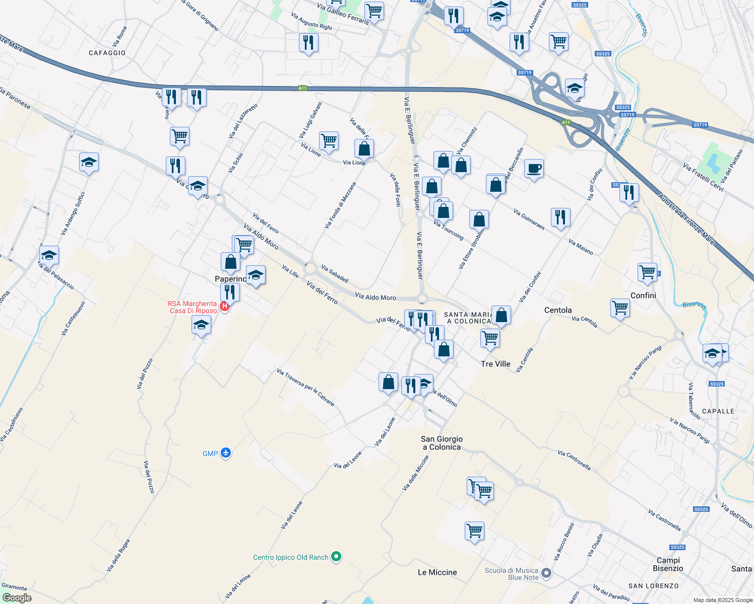 map of restaurants, bars, coffee shops, grocery stores, and more near 72 Via Aldo Moro in Prato