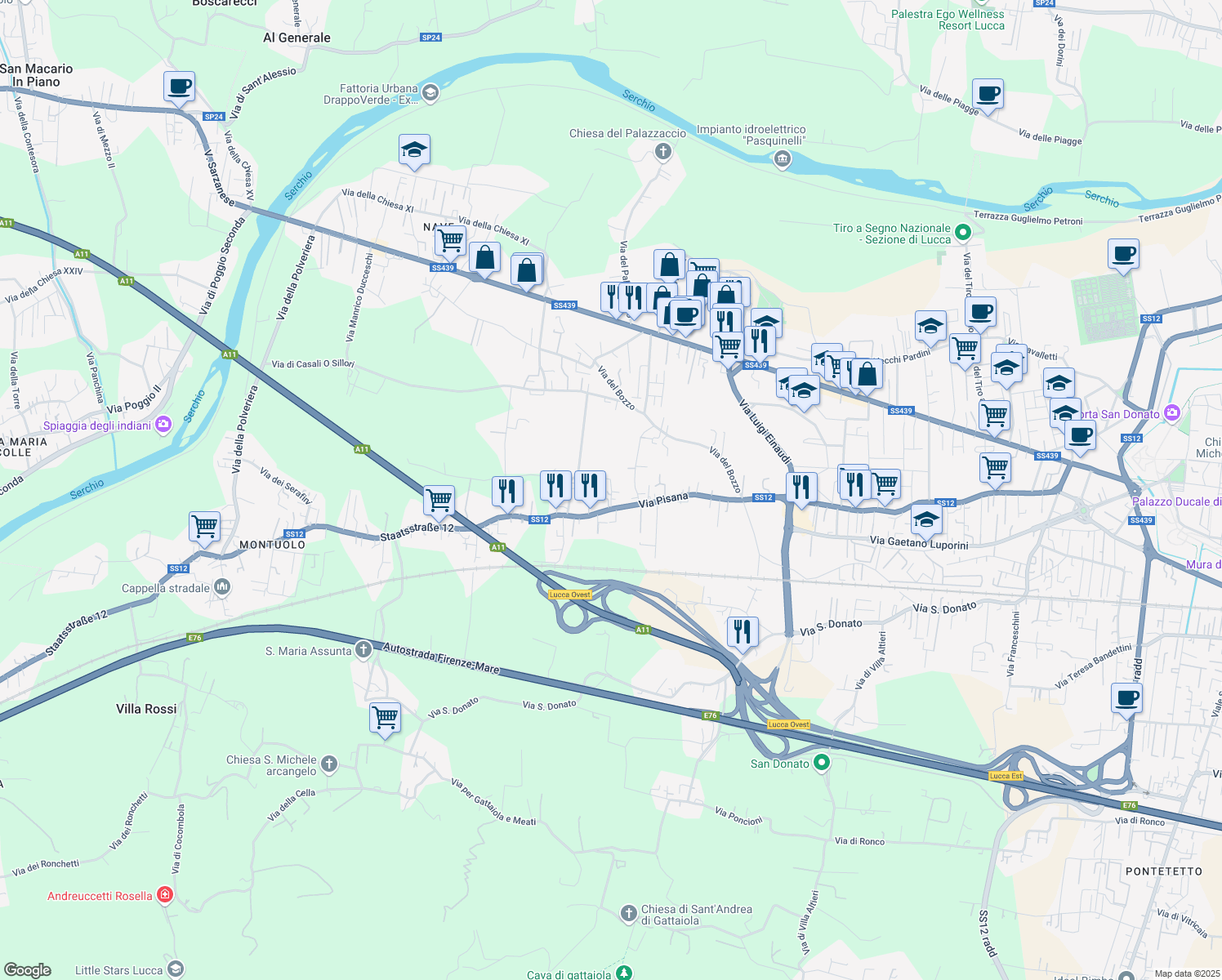map of restaurants, bars, coffee shops, grocery stores, and more near 69 Via Corte Puccinelli in Lucca