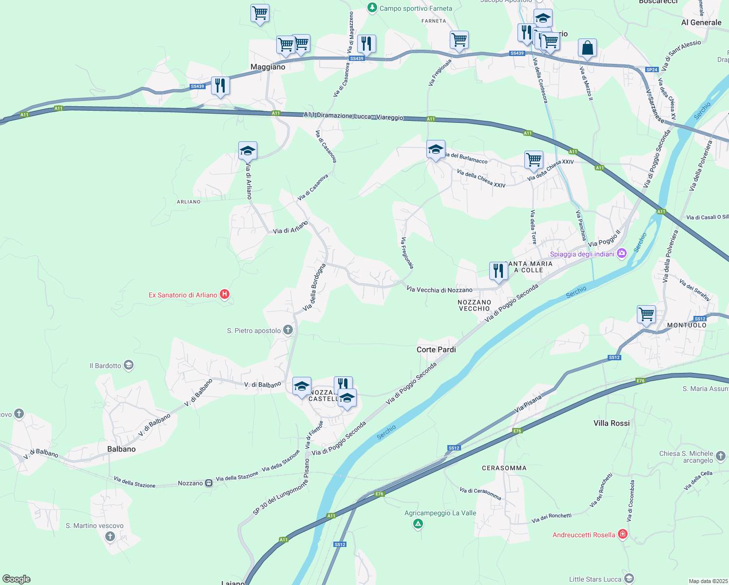 map of restaurants, bars, coffee shops, grocery stores, and more near 347 Via della Bordogna in Lucca