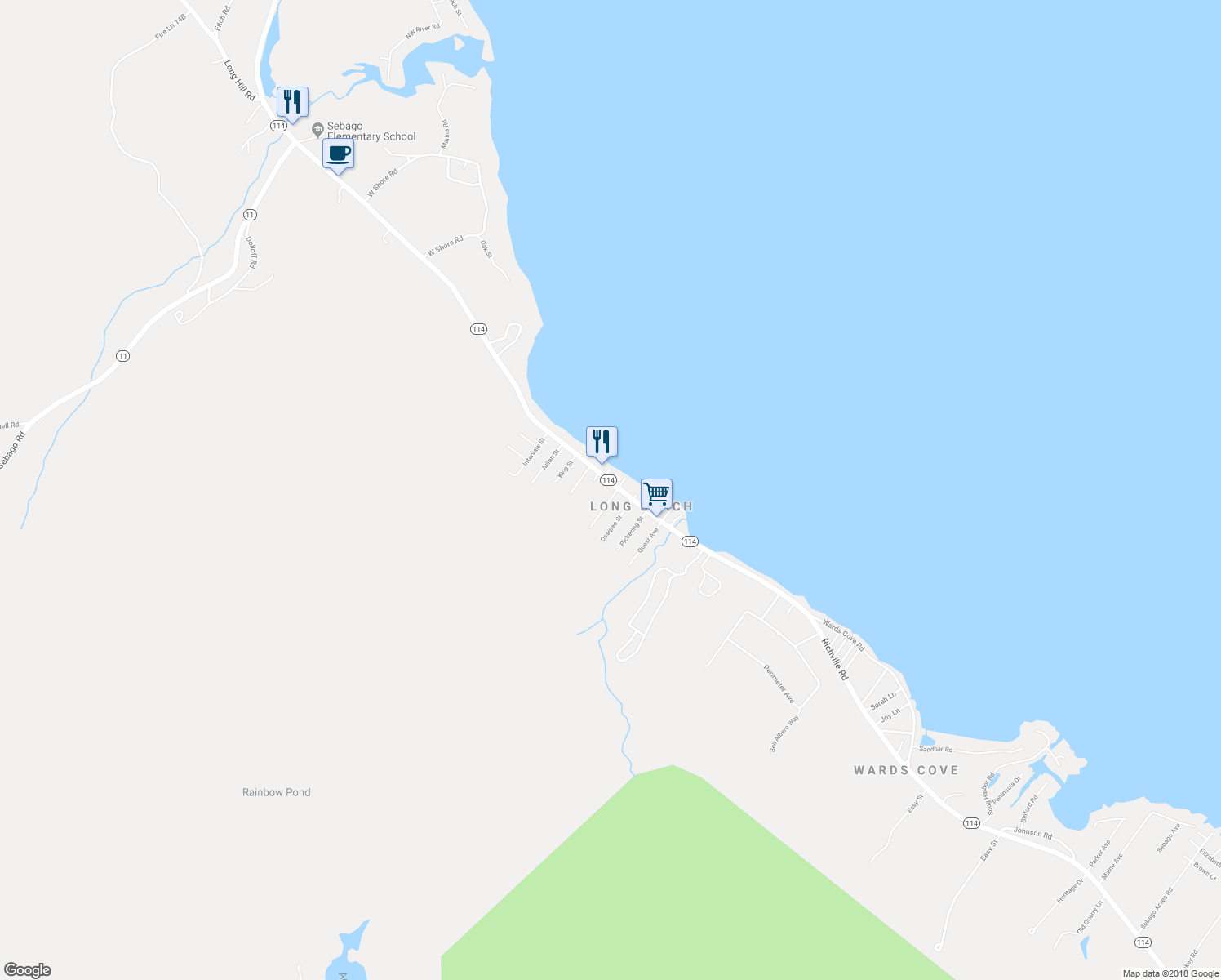map of restaurants, bars, coffee shops, grocery stores, and more near 17 Naomi Street in Sebago