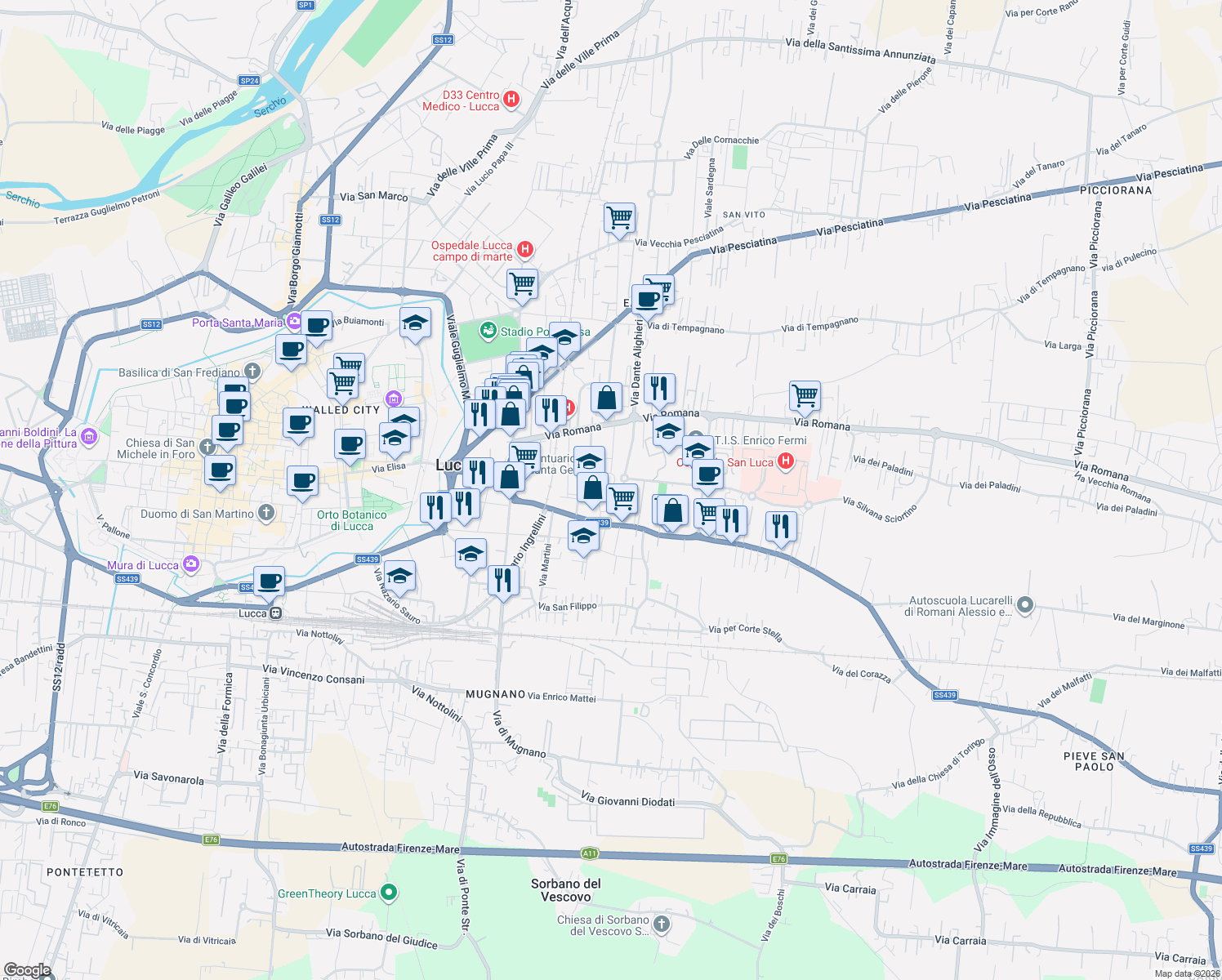 map of restaurants, bars, coffee shops, grocery stores, and more near 203 Via Giovanni Carignani in Lucca