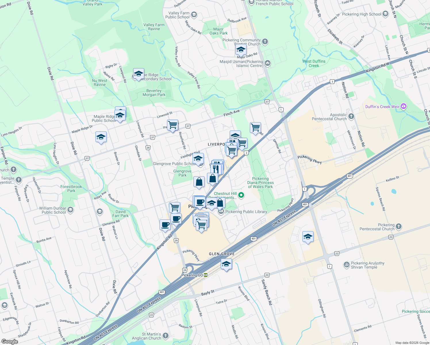 map of restaurants, bars, coffee shops, grocery stores, and more near 1911 Glenview Road in Pickering