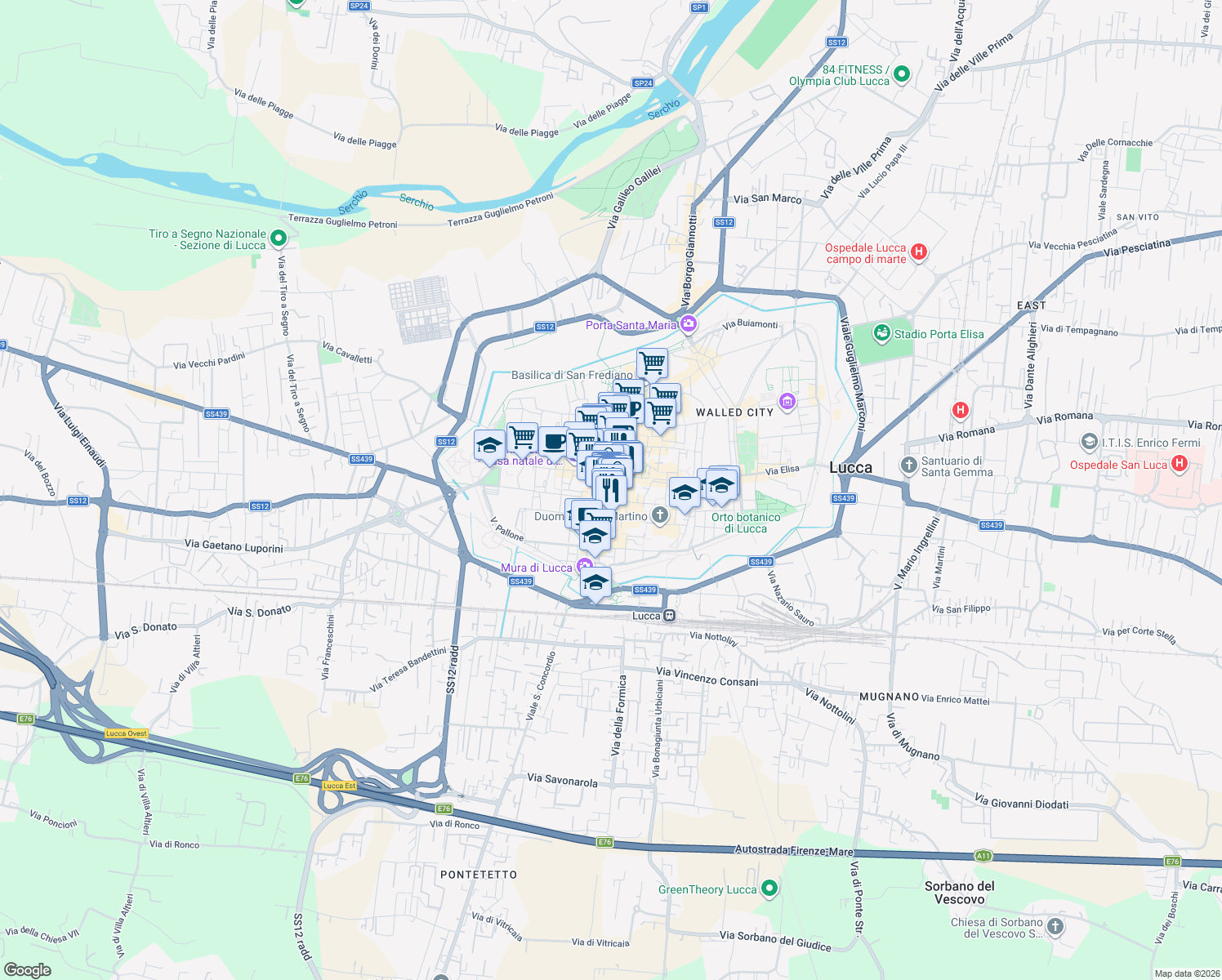 map of restaurants, bars, coffee shops, grocery stores, and more near 18 Via Roma in Lucca