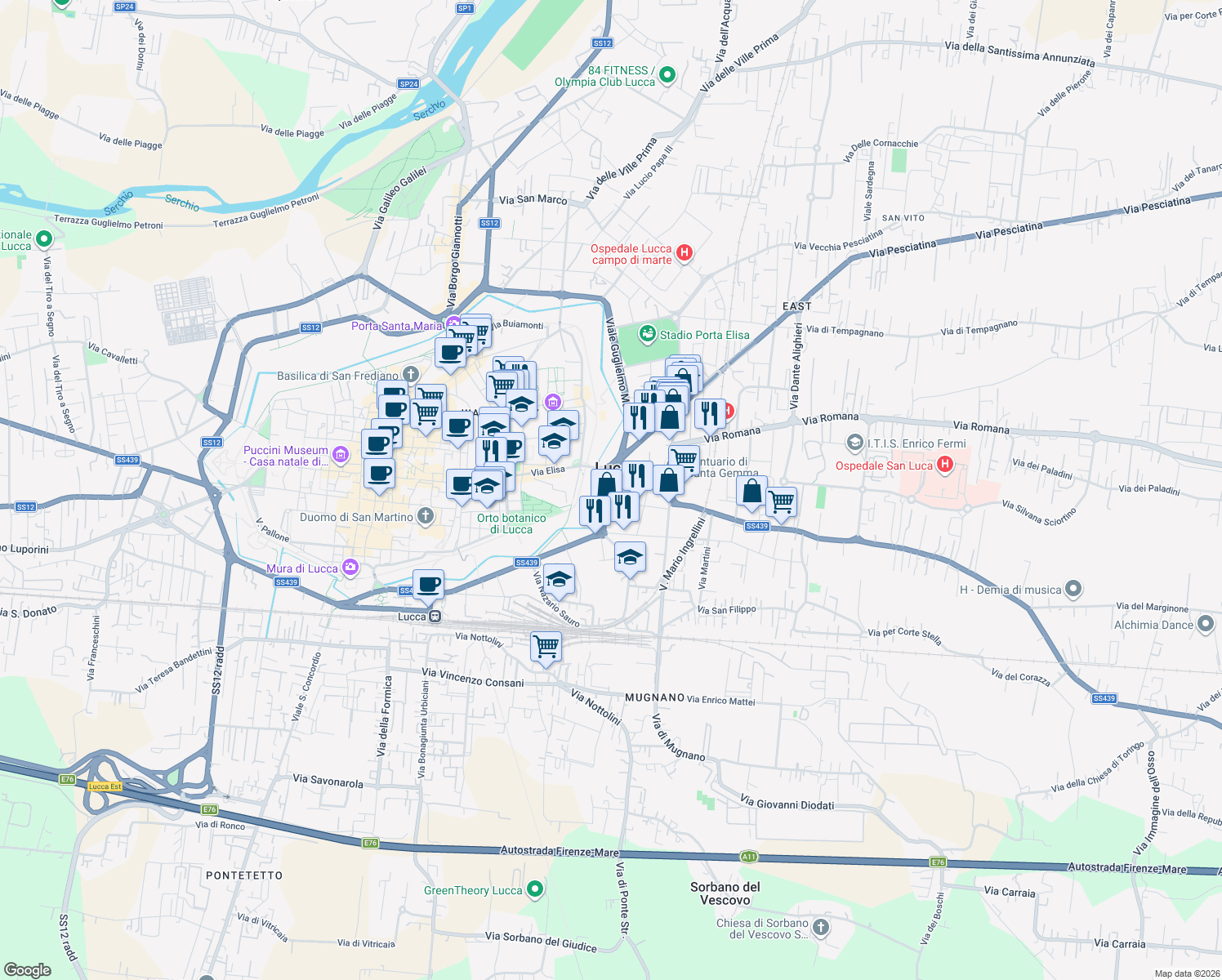 map of restaurants, bars, coffee shops, grocery stores, and more near 135 Viale Giovanni Pacini in Lucca