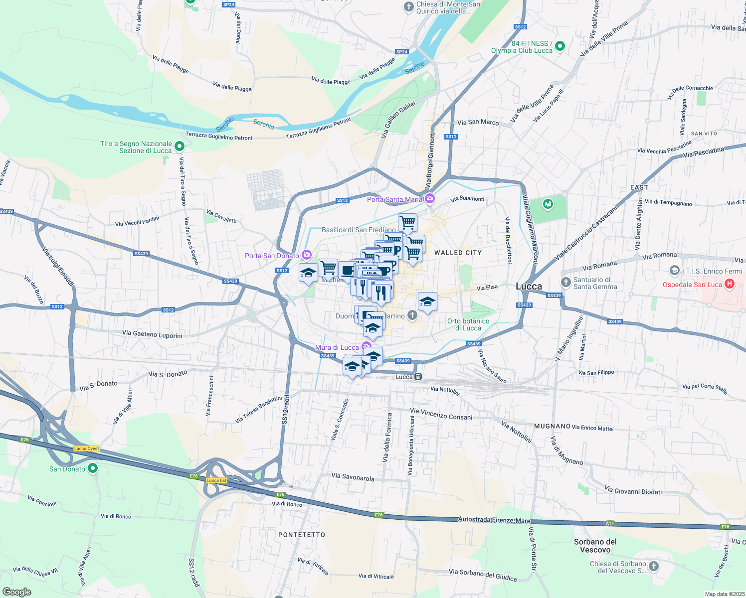 map of restaurants, bars, coffee shops, grocery stores, and more near 10 Corte Campana in Lucca