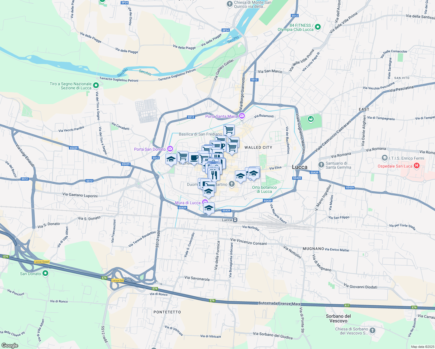 map of restaurants, bars, coffee shops, grocery stores, and more near 18 Via Roma in Lucca