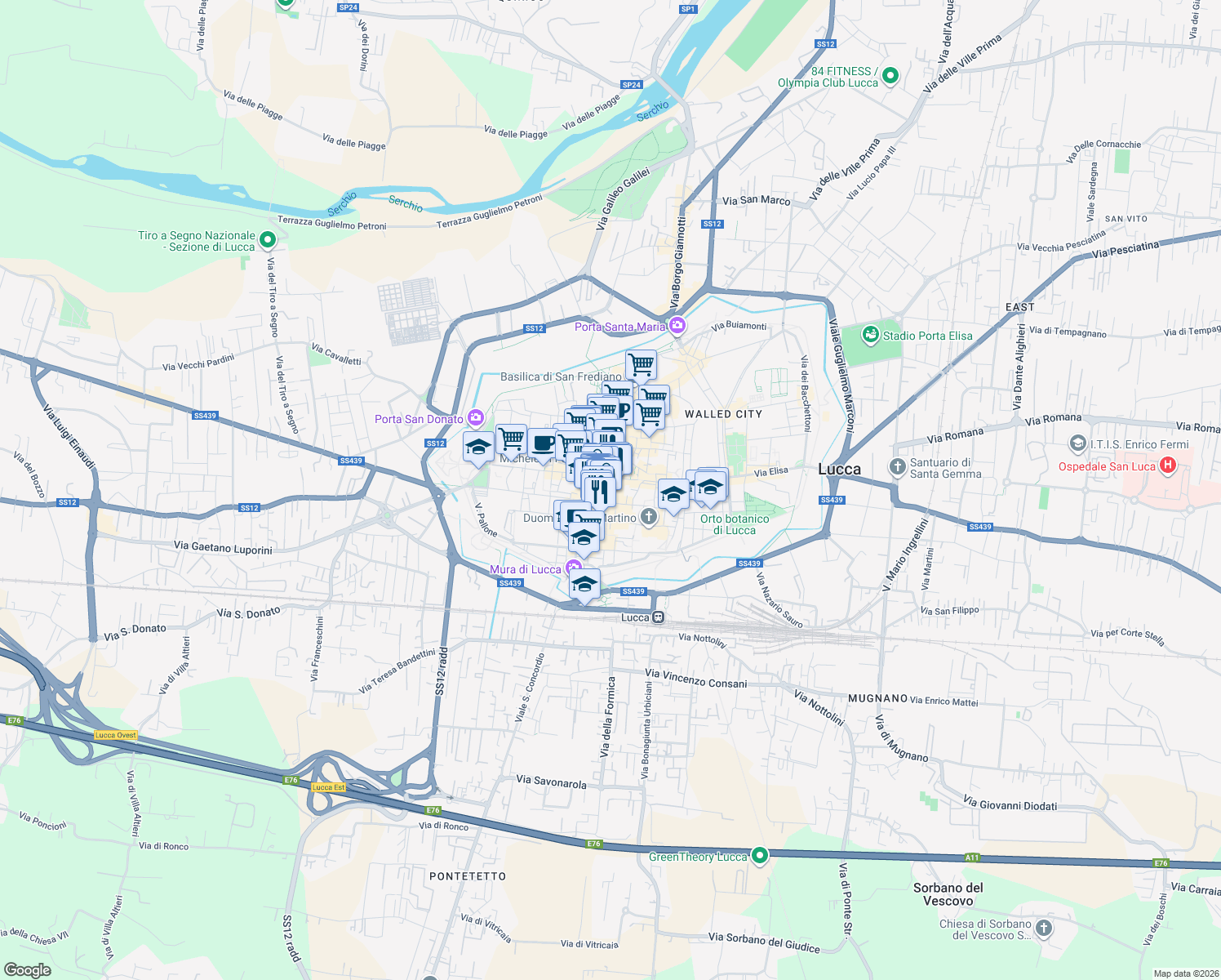 map of restaurants, bars, coffee shops, grocery stores, and more near 18 Via Roma in Lucca
