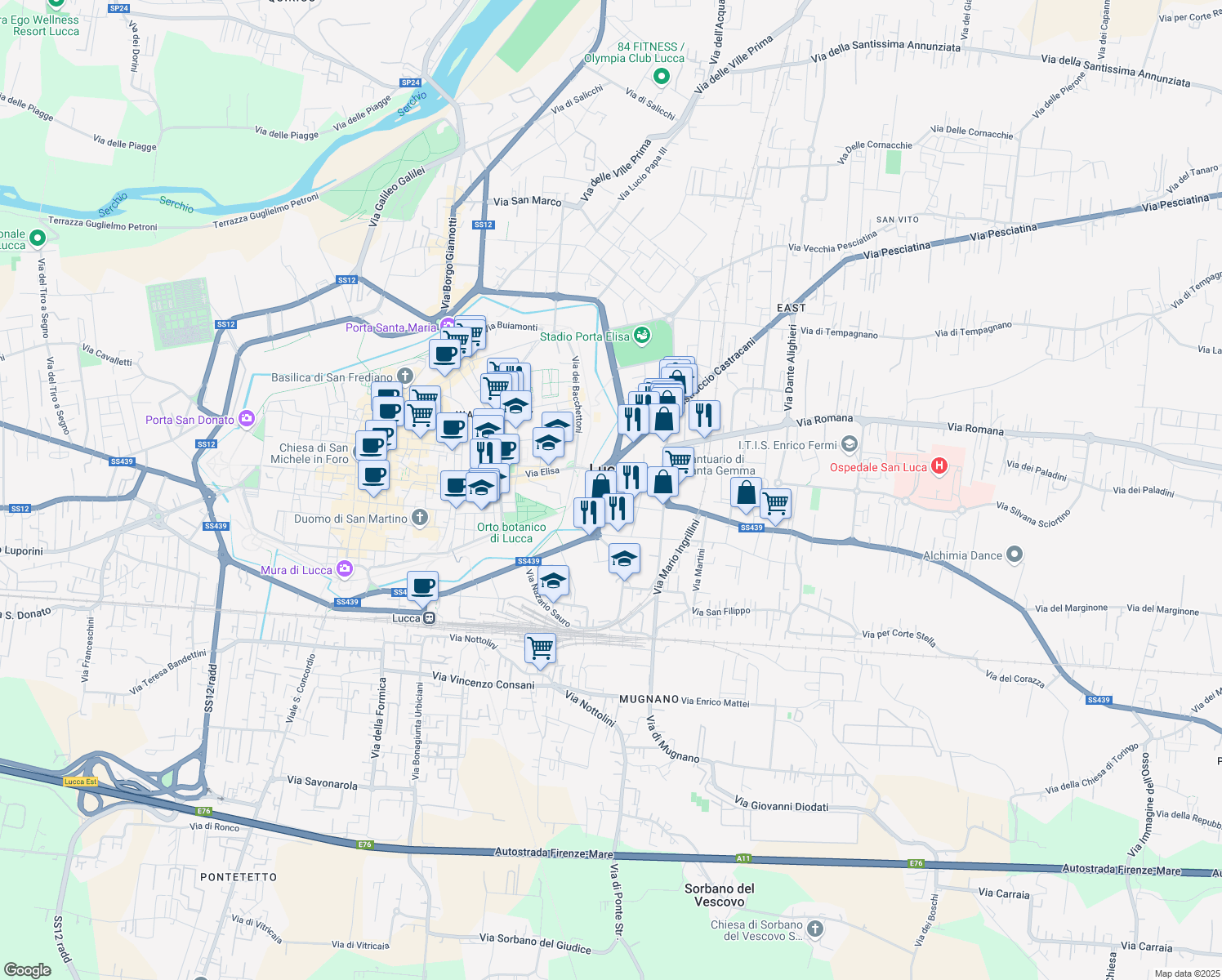 map of restaurants, bars, coffee shops, grocery stores, and more near 135 Viale Giovanni Pacini in Lucca