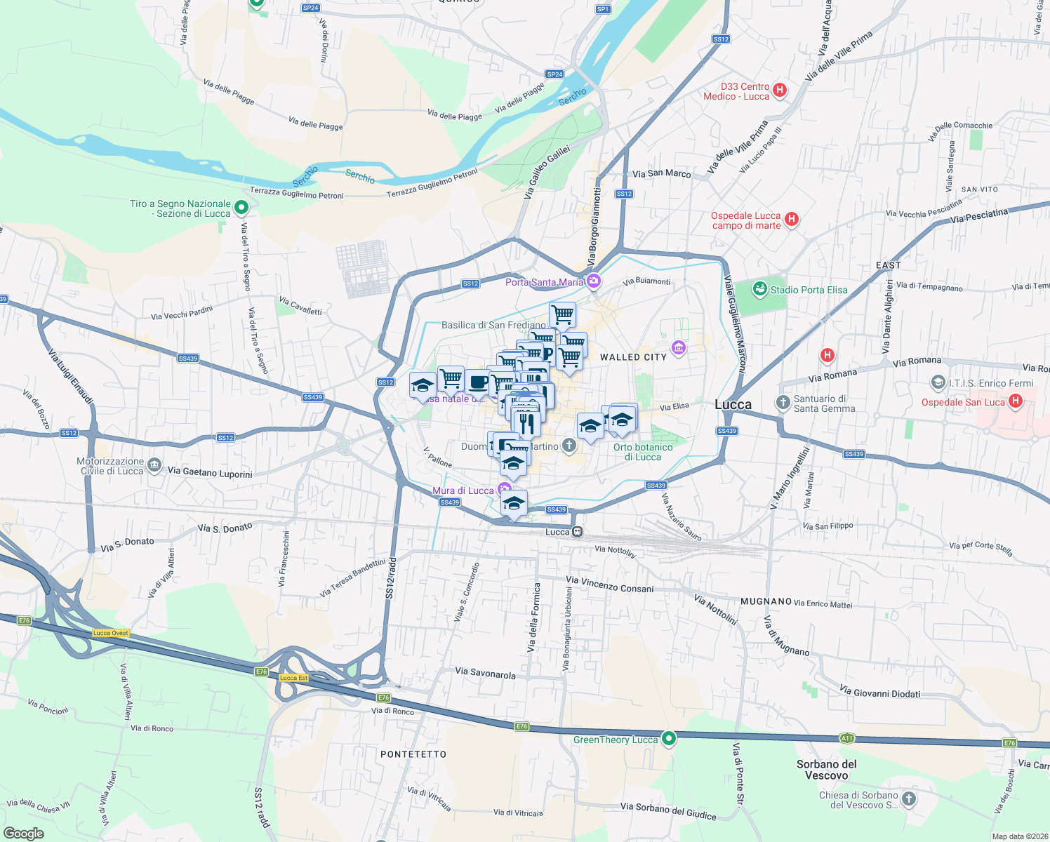 map of restaurants, bars, coffee shops, grocery stores, and more near 18 Via Roma in Lucca