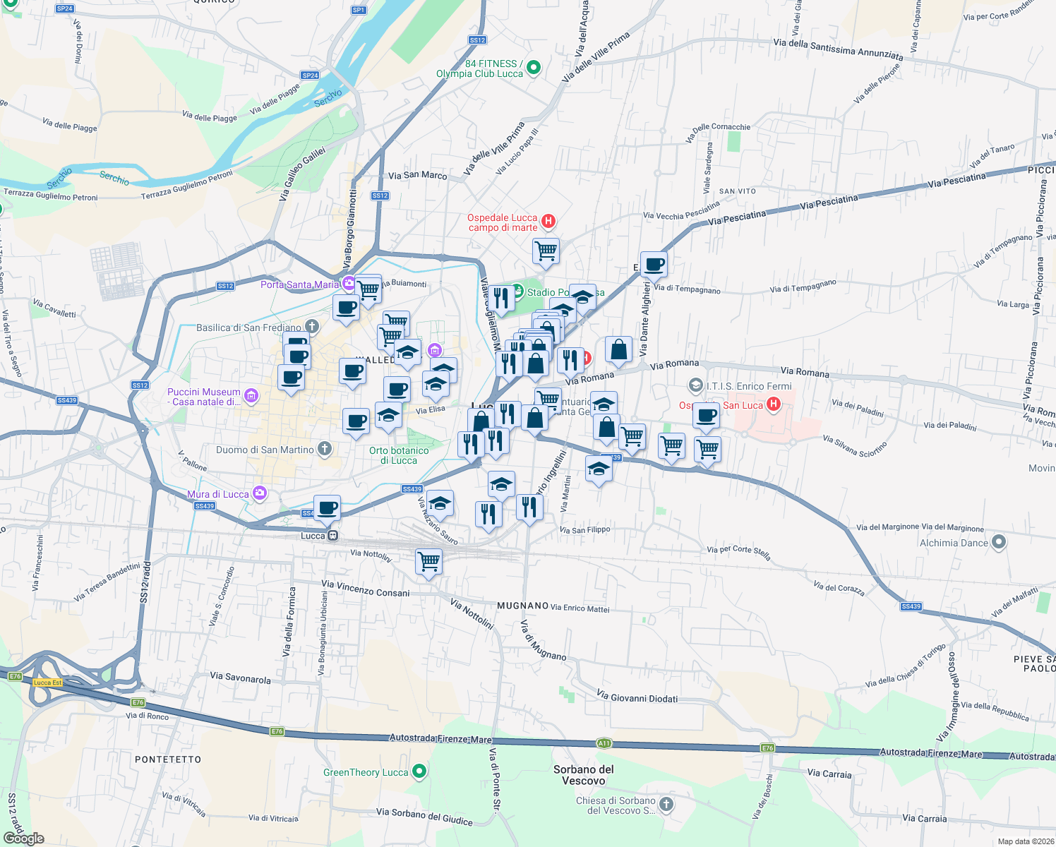 map of restaurants, bars, coffee shops, grocery stores, and more near 360 Via di Tiglio in Lucca