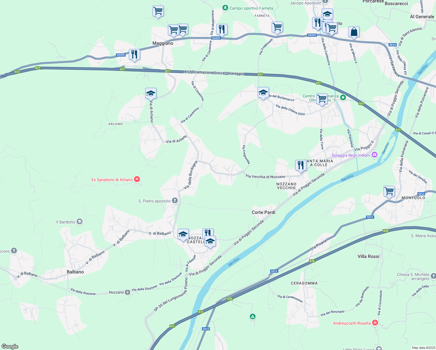 map of restaurants, bars, coffee shops, grocery stores, and more near 347 Via della Bordogna in Lucca