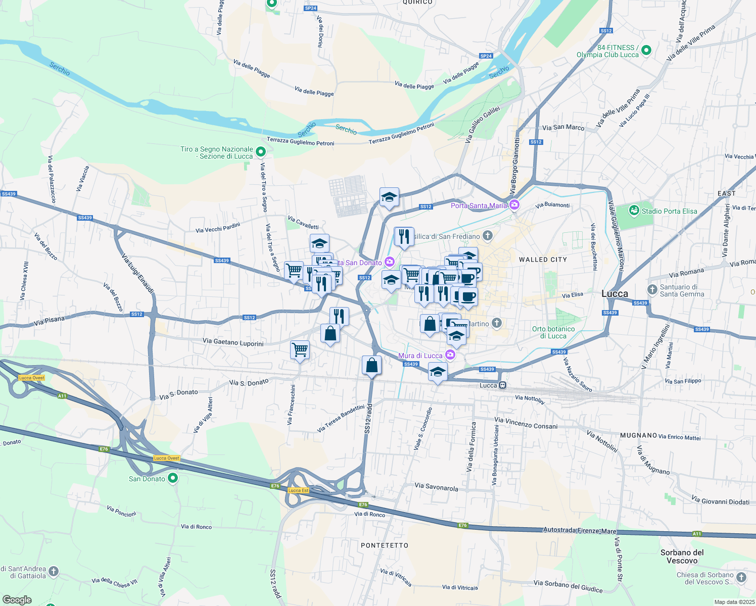 map of restaurants, bars, coffee shops, grocery stores, and more near Via Giovanni Pascoli in Lucca