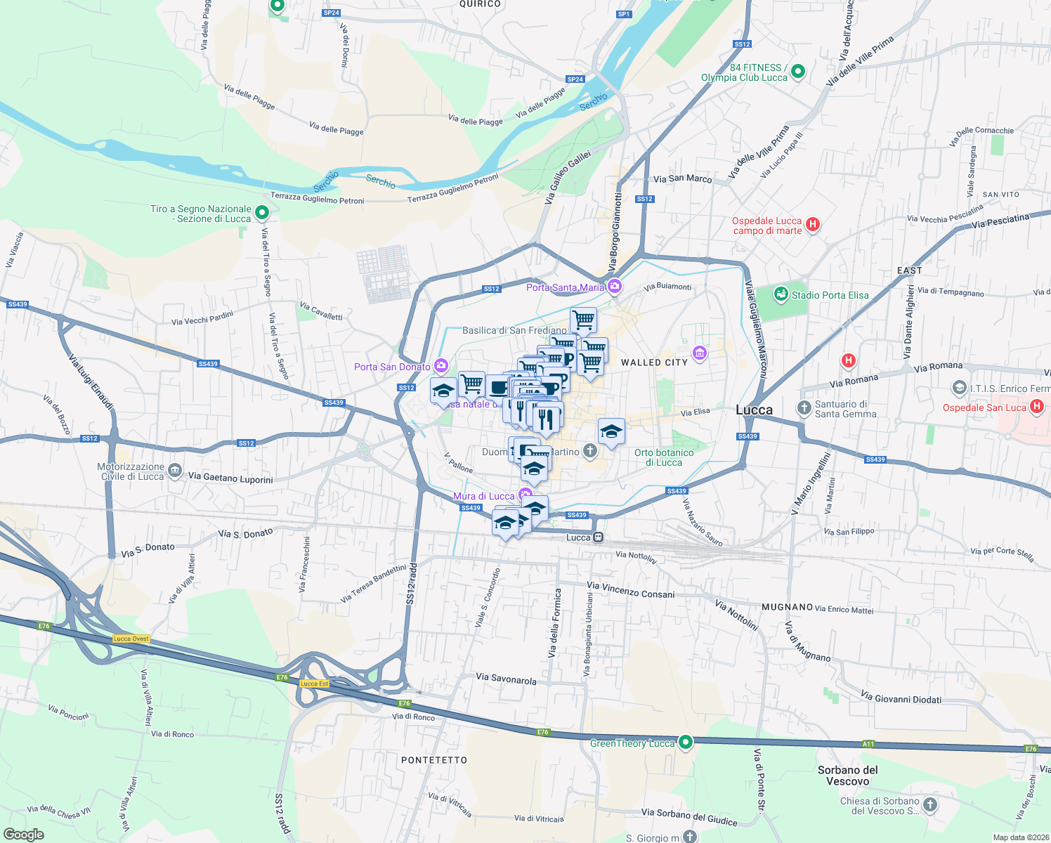 map of restaurants, bars, coffee shops, grocery stores, and more near 10 Corte Campana in Lucca
