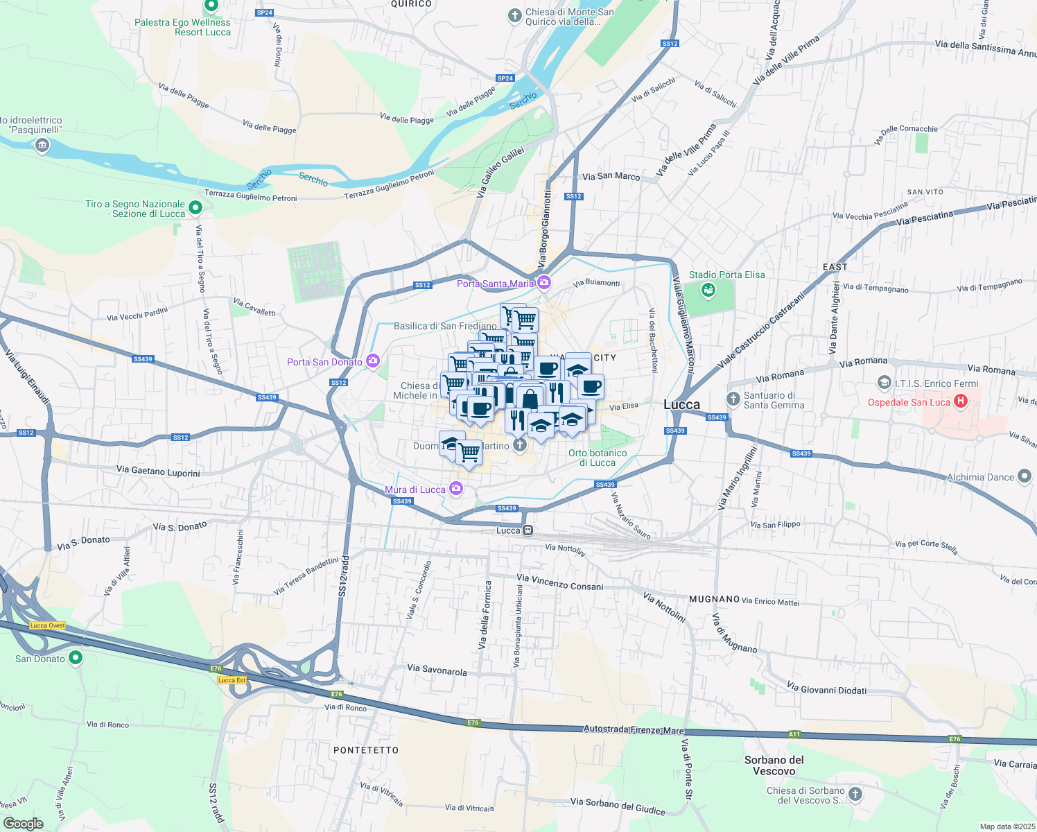map of restaurants, bars, coffee shops, grocery stores, and more near 17 Via San Donnino in Lucca