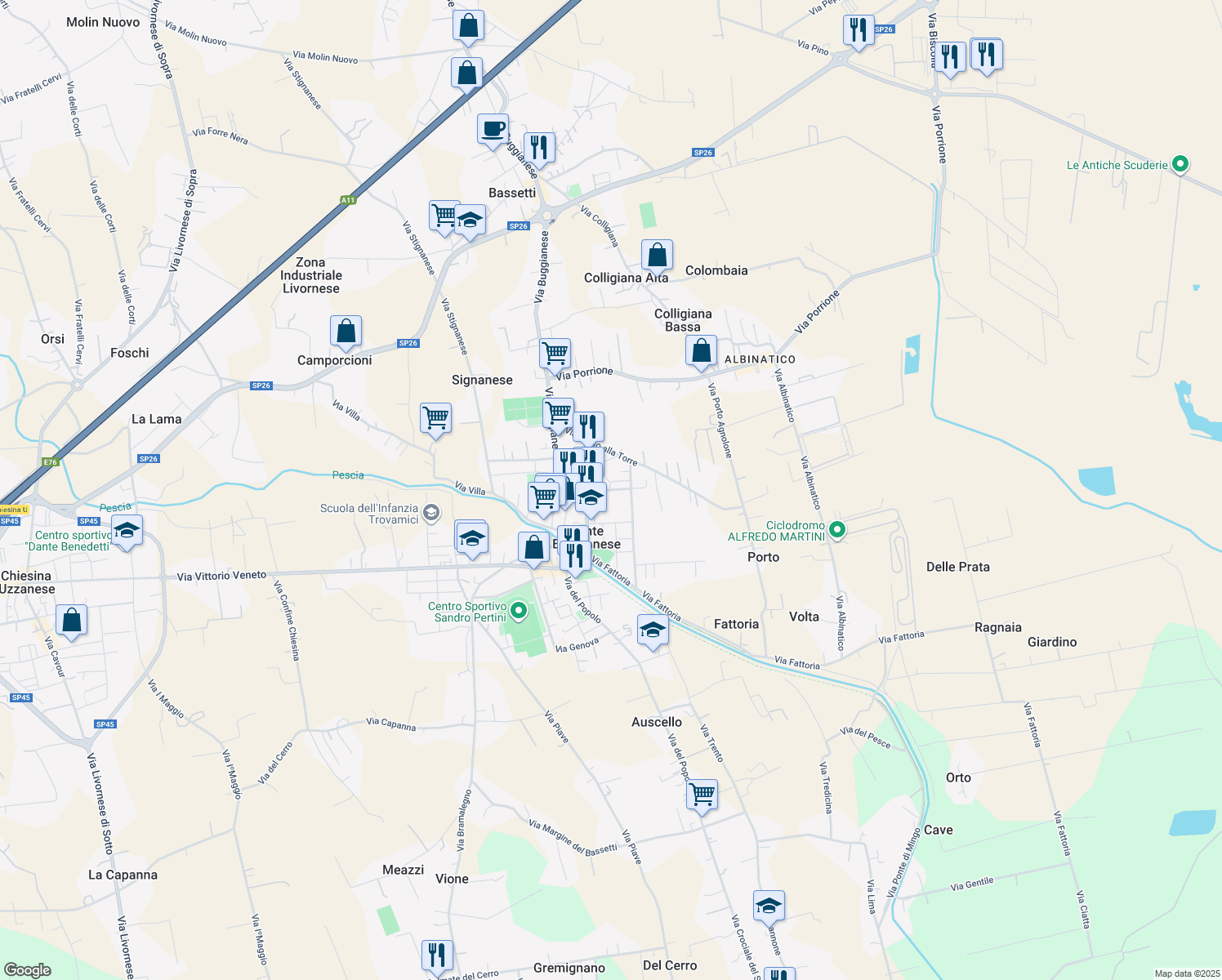 map of restaurants, bars, coffee shops, grocery stores, and more near Via Arrigo Boito in Ponte Buggianese