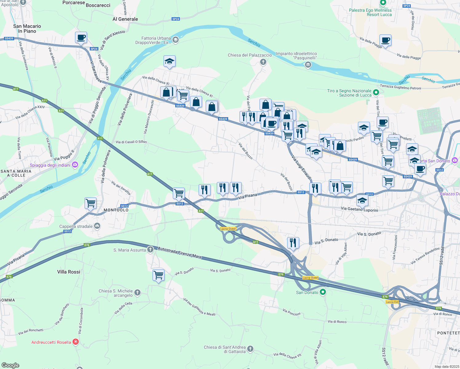 map of restaurants, bars, coffee shops, grocery stores, and more near 88 Via Chiesa XVIII in Lucca