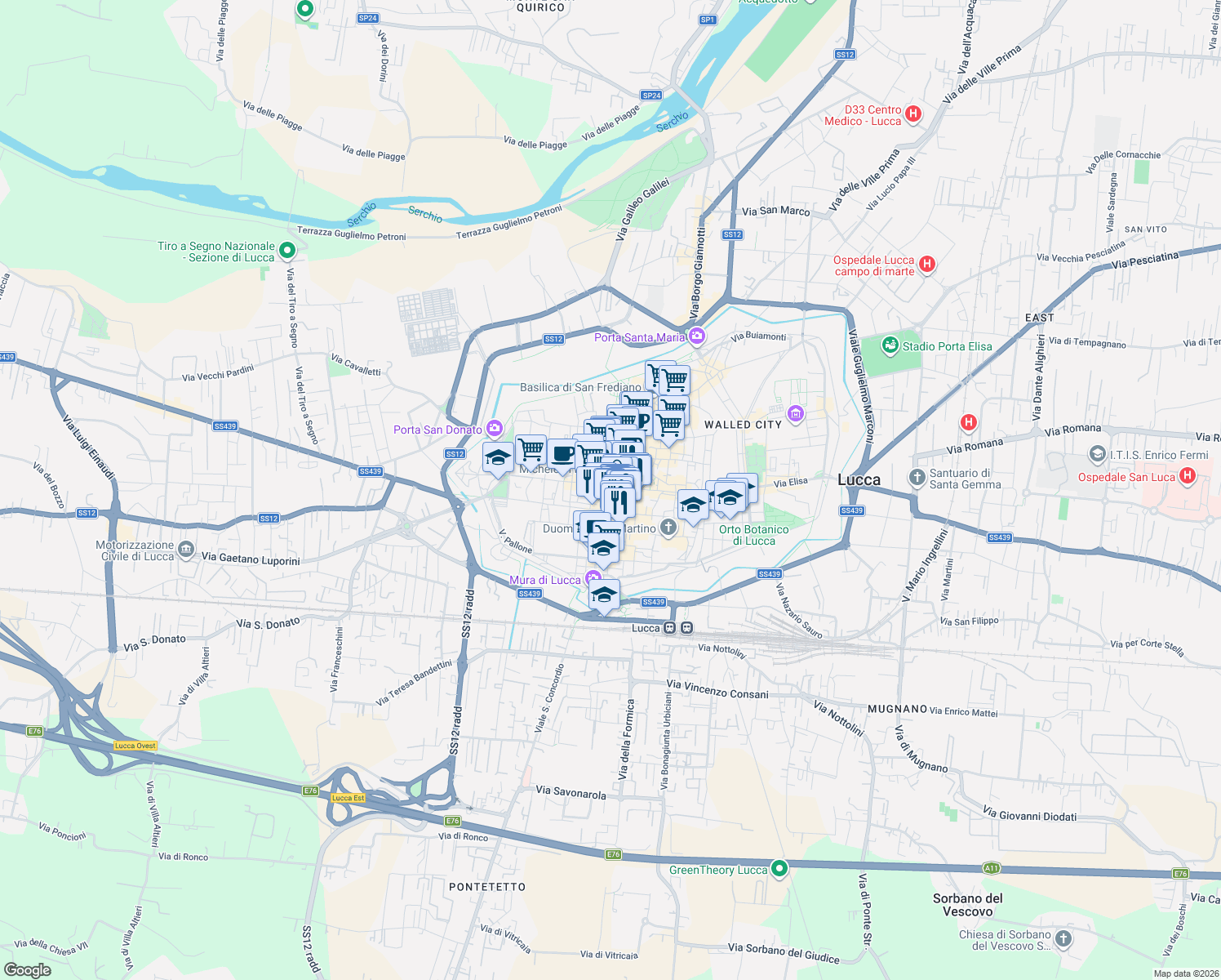 map of restaurants, bars, coffee shops, grocery stores, and more near 18 Via Roma in Lucca