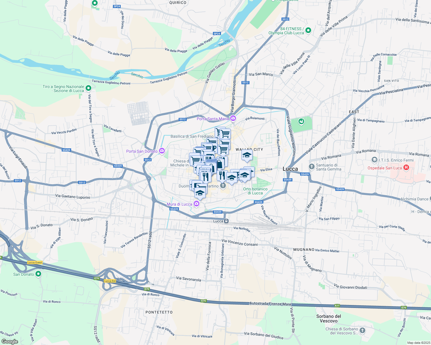 map of restaurants, bars, coffee shops, grocery stores, and more near 8 Piazza Bernardini in Lucca