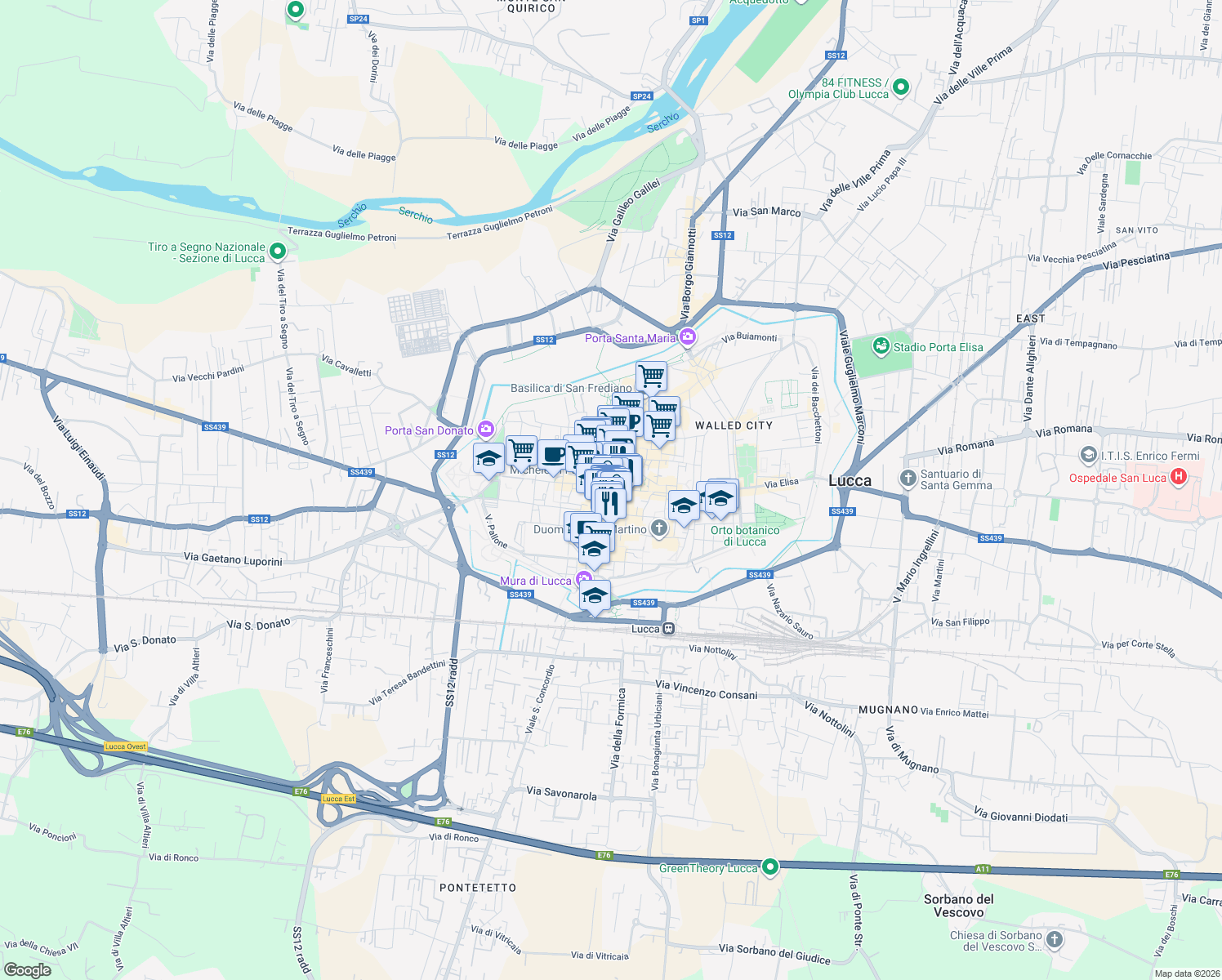 map of restaurants, bars, coffee shops, grocery stores, and more near 18 Via Roma in Lucca