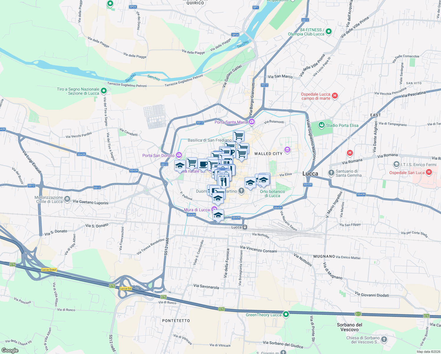 map of restaurants, bars, coffee shops, grocery stores, and more near 18 Via Roma in Lucca