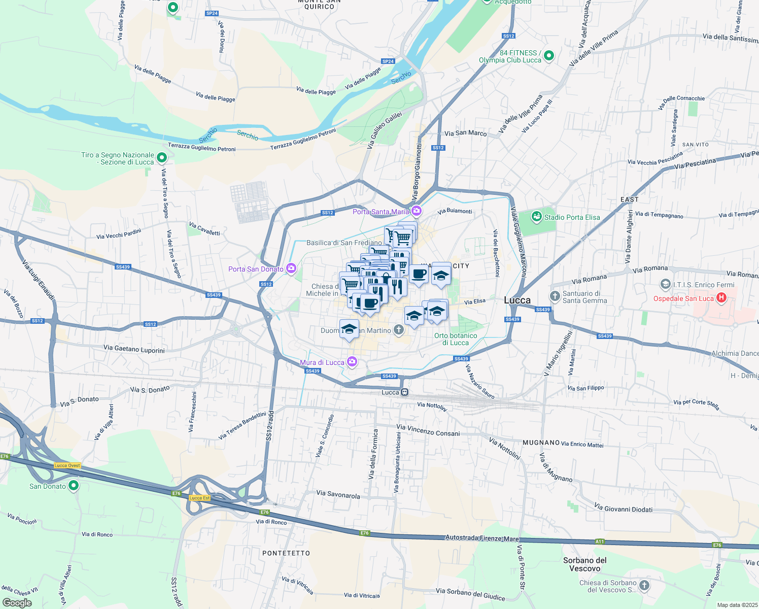 map of restaurants, bars, coffee shops, grocery stores, and more near 23 Via Santa Croce in Lucca