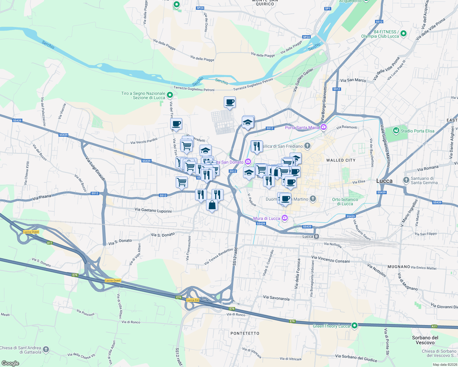 map of restaurants, bars, coffee shops, grocery stores, and more near in Lucca