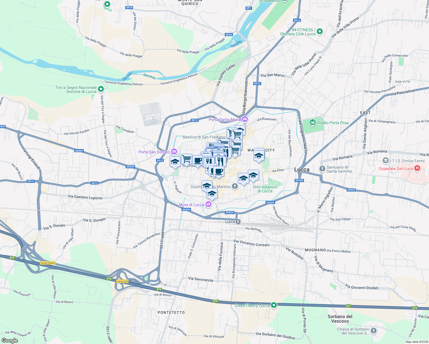 map of restaurants, bars, coffee shops, grocery stores, and more near in Lucca