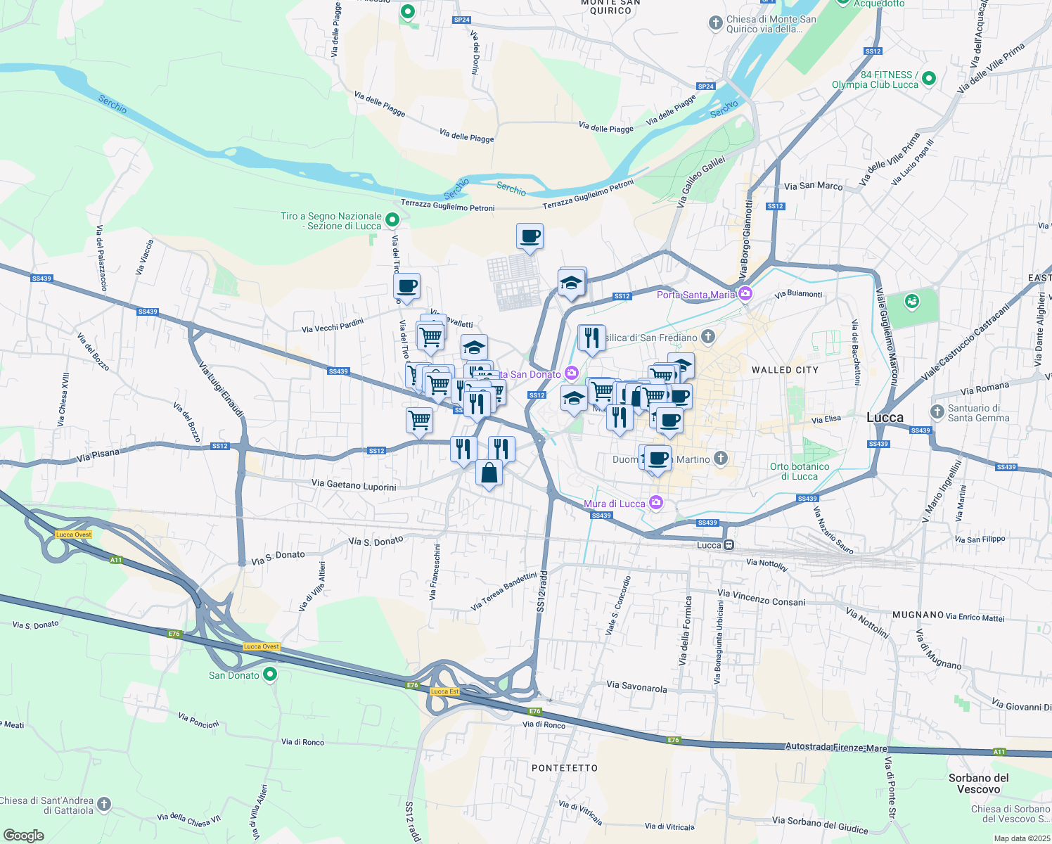 map of restaurants, bars, coffee shops, grocery stores, and more near in Lucca