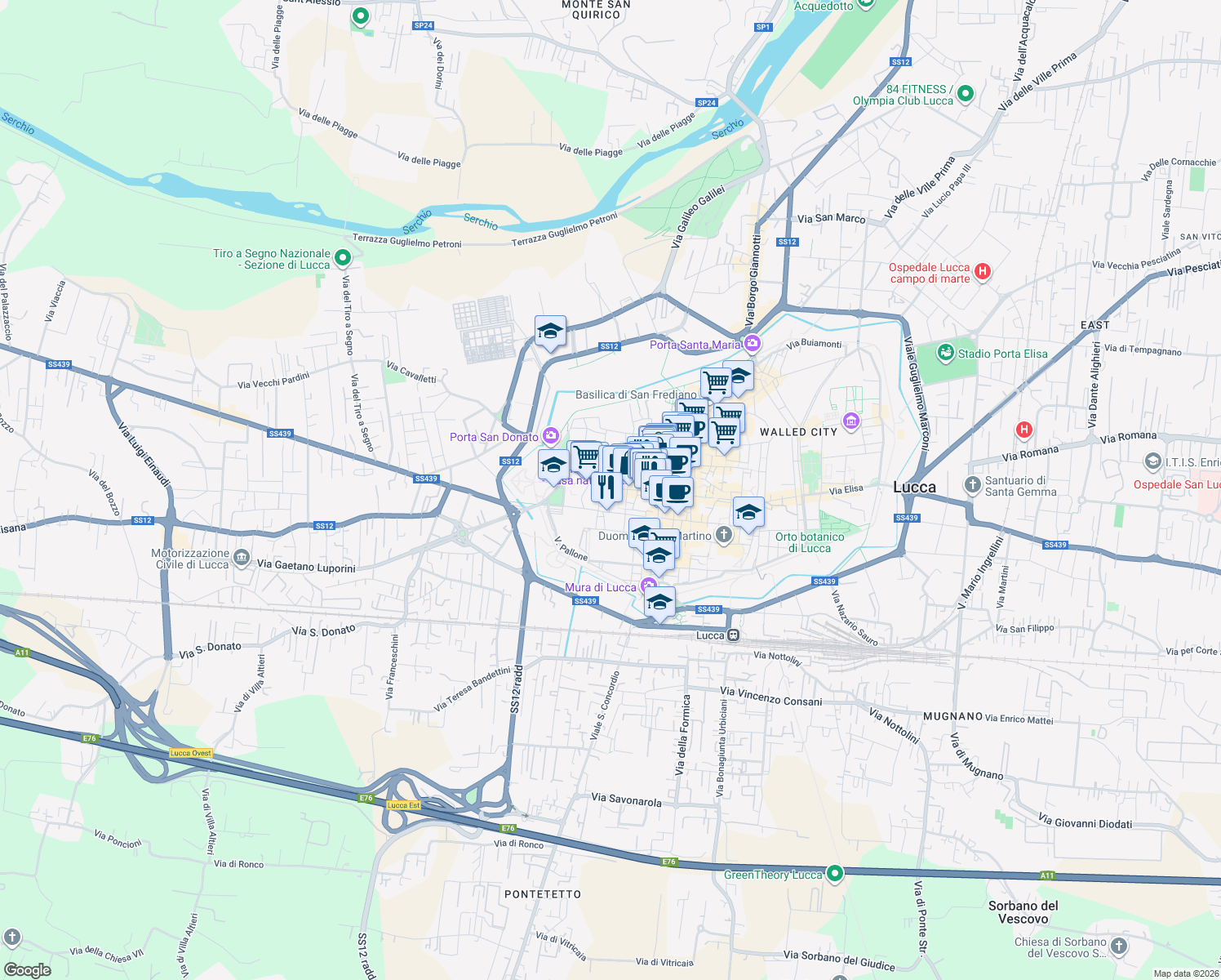 map of restaurants, bars, coffee shops, grocery stores, and more near 78 Via San Paolino in Lucca