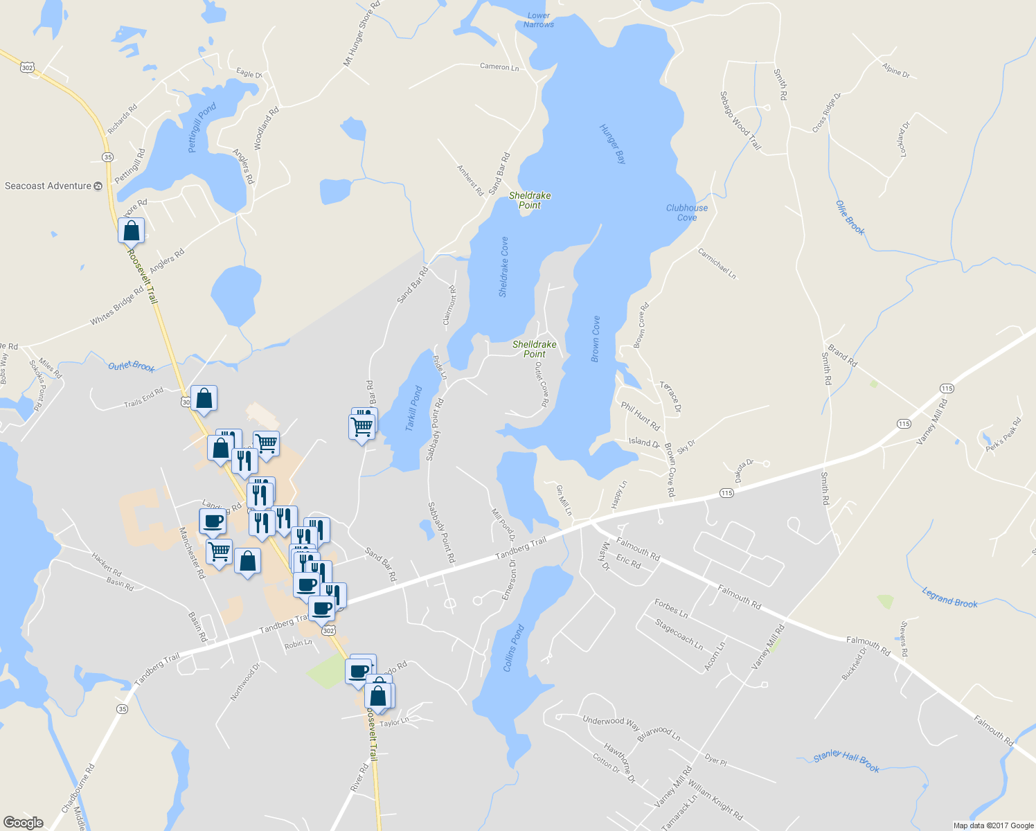 map of restaurants, bars, coffee shops, grocery stores, and more near 38 Outlet Cove Road in Windham
