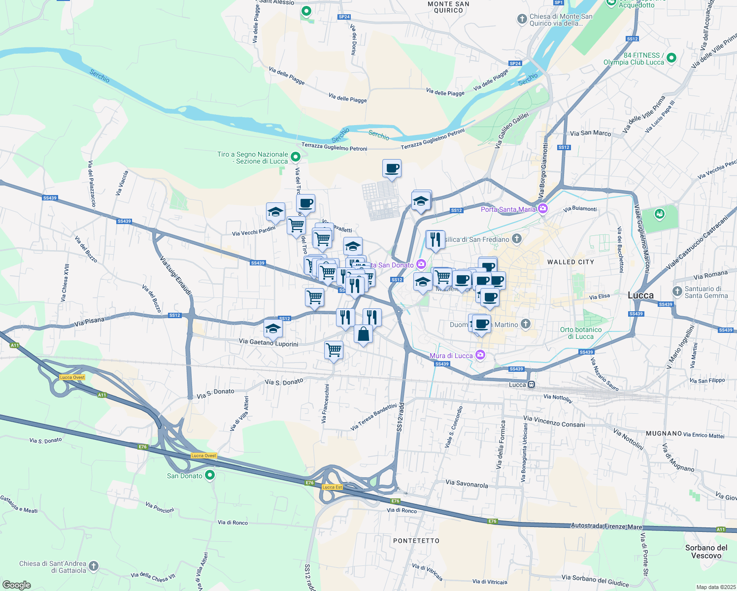 map of restaurants, bars, coffee shops, grocery stores, and more near 137 Via C. Angeloni in Lucca