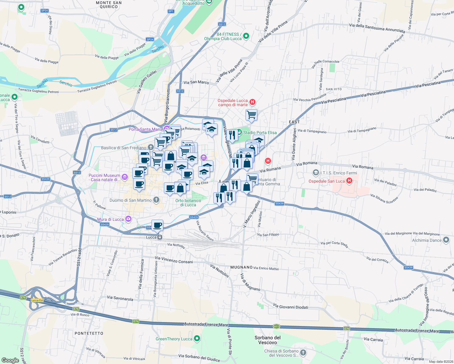 map of restaurants, bars, coffee shops, grocery stores, and more near in Lucca