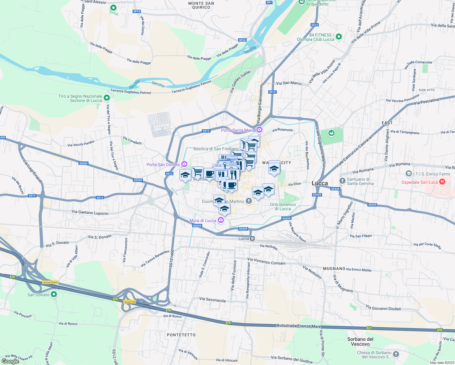 map of restaurants, bars, coffee shops, grocery stores, and more near in Lucca