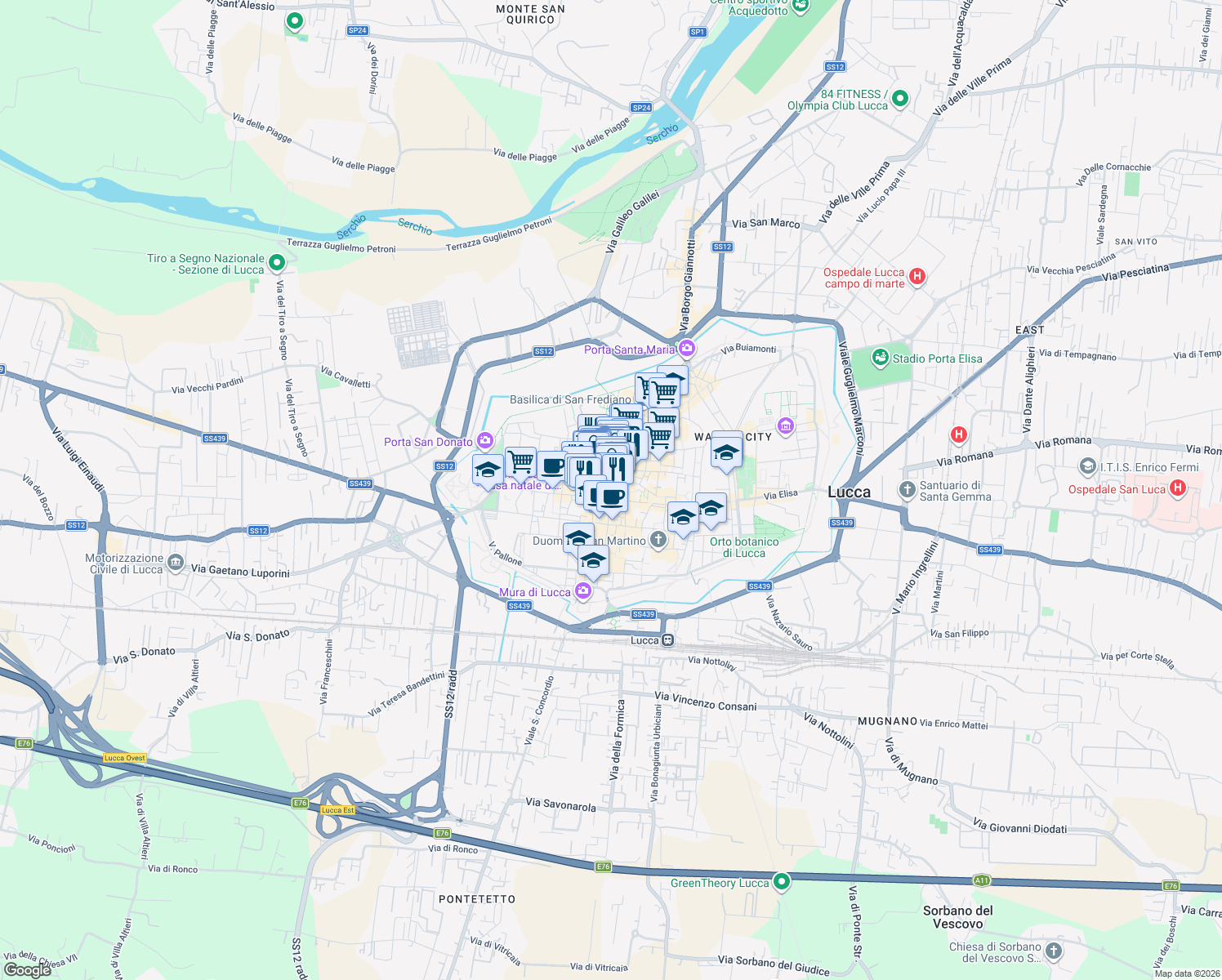 map of restaurants, bars, coffee shops, grocery stores, and more near in Lucca