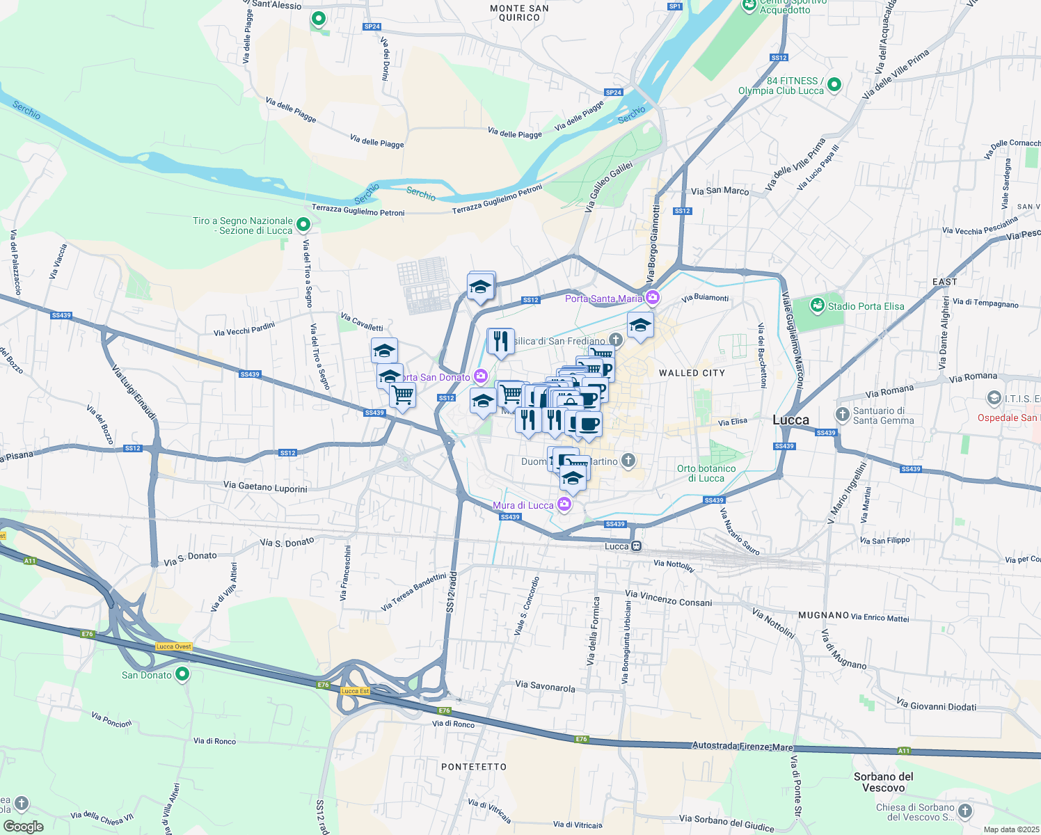 map of restaurants, bars, coffee shops, grocery stores, and more near 124 Via San Paolino in Lucca