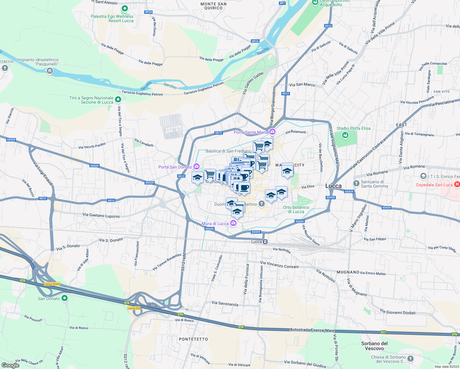 map of restaurants, bars, coffee shops, grocery stores, and more near 32 Via di Poggio in Lucca