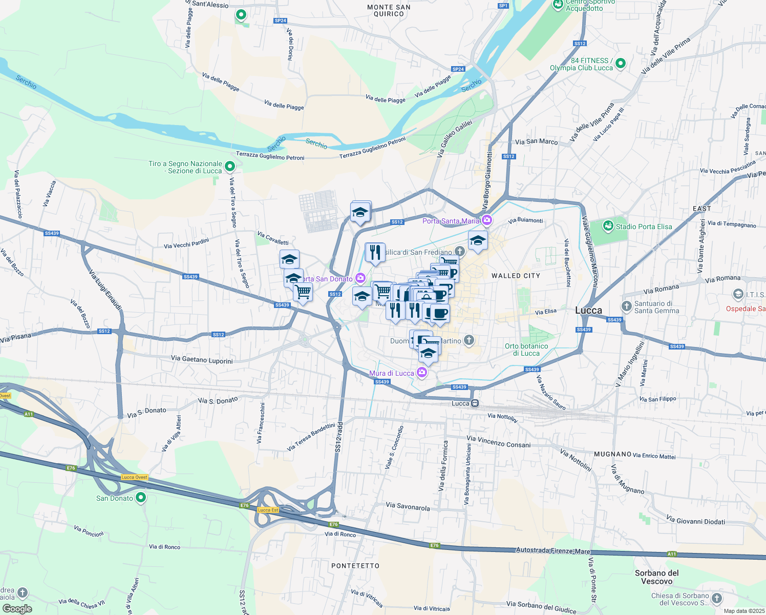 map of restaurants, bars, coffee shops, grocery stores, and more near 124 Via San Paolino in Lucca